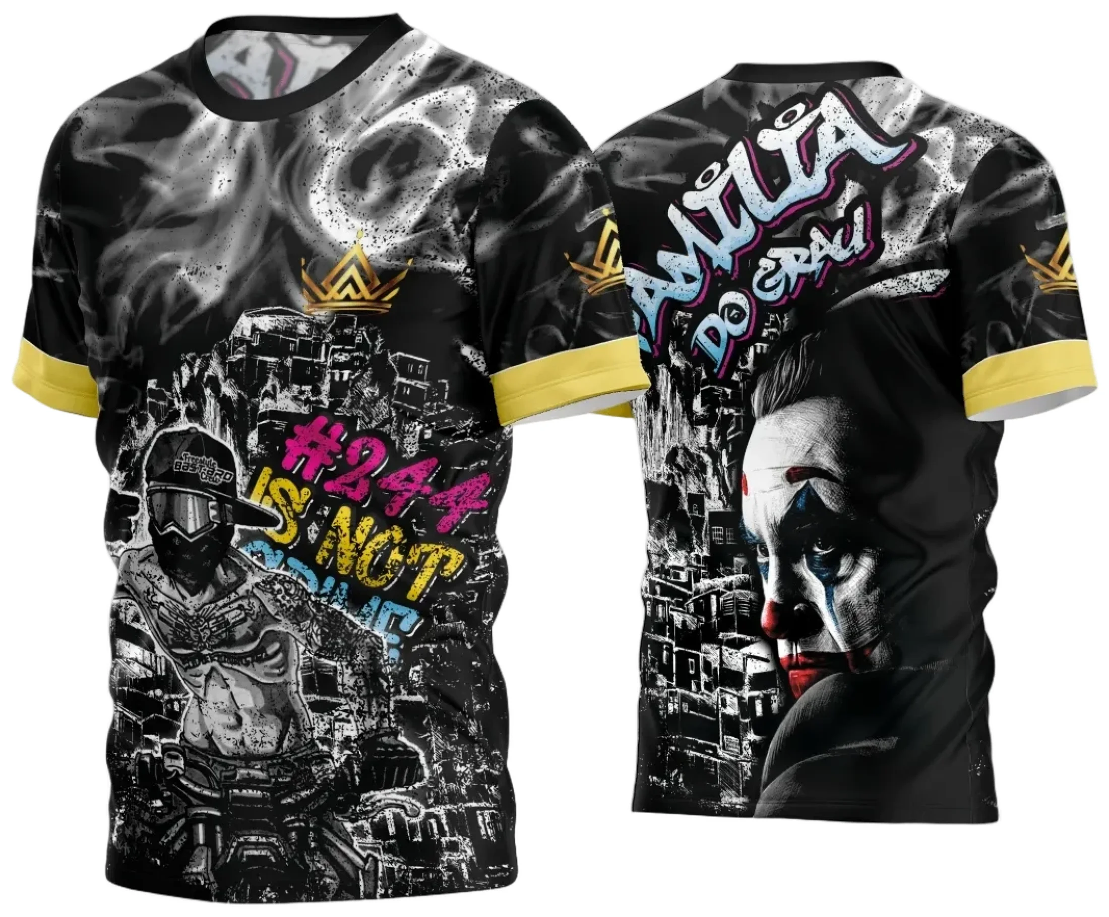 Camiseta unissex preta com logo no peito e estampa grande nas costas com o tema Camisa Quebrada 2024, ideal para visual moderno e descolado.