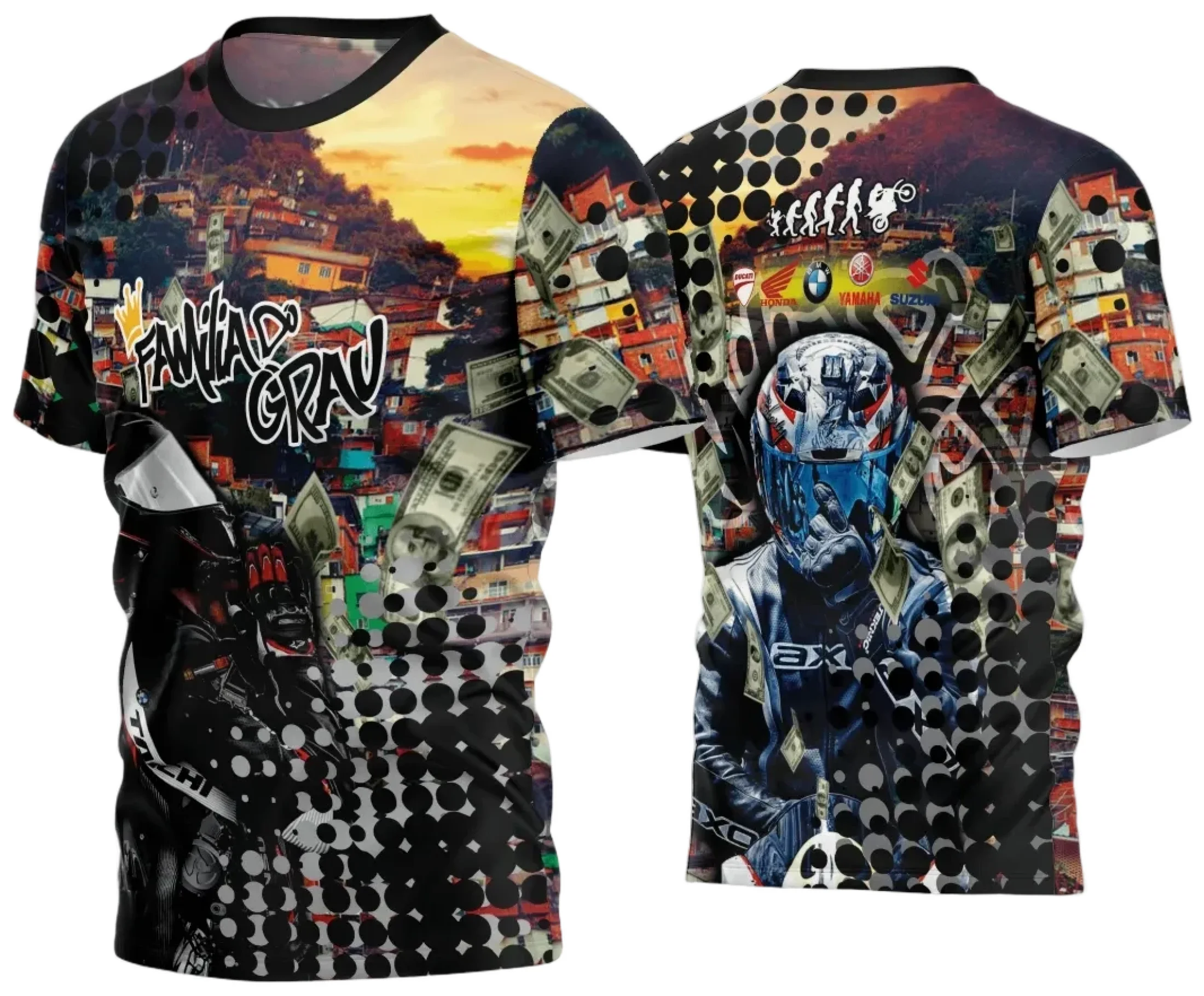 Camiseta unissex preta com logo no peito e estampa grande nas costas com tema Quebrada 2024, trazendo estilo urbano e descontraído para o visual.