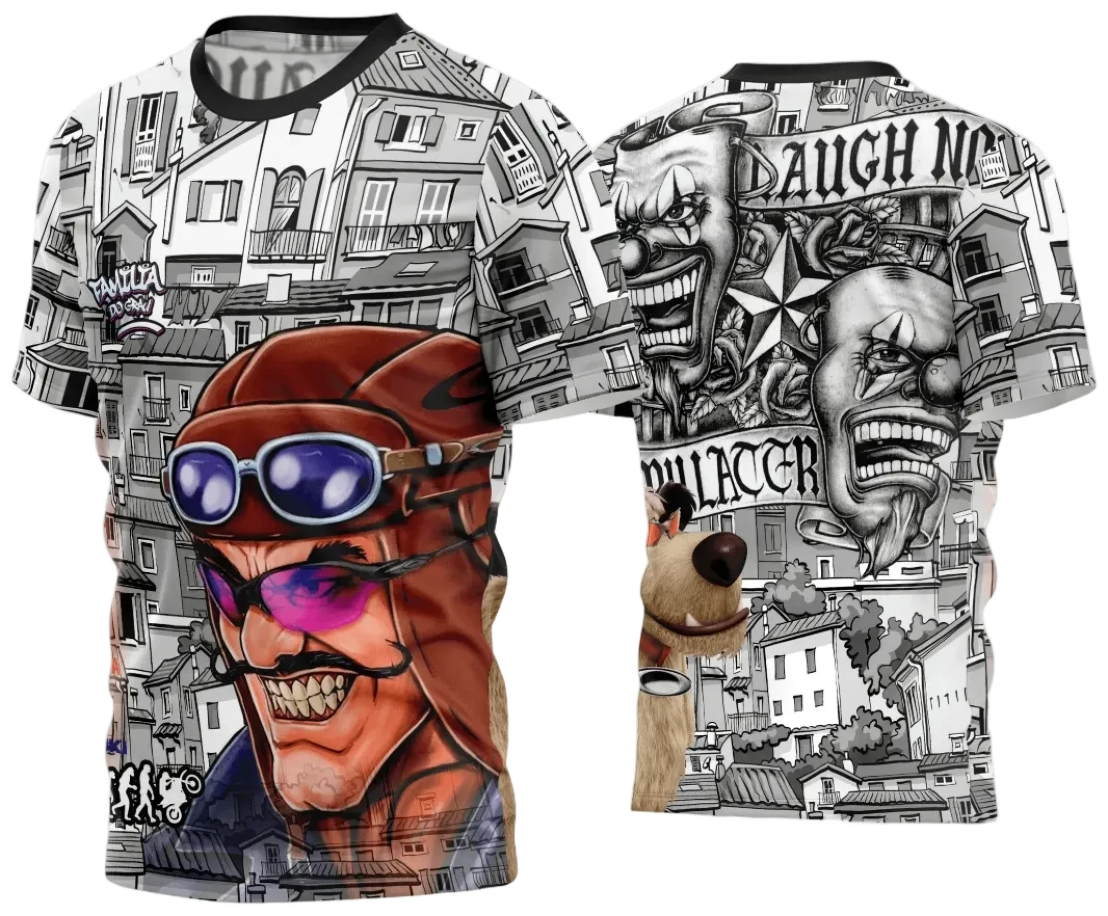 Camiseta unissex preta com logo no peito e estampa grande nas costas, mostrando o tema Camisa Quebrada 2024 de forma marcante e moderna.