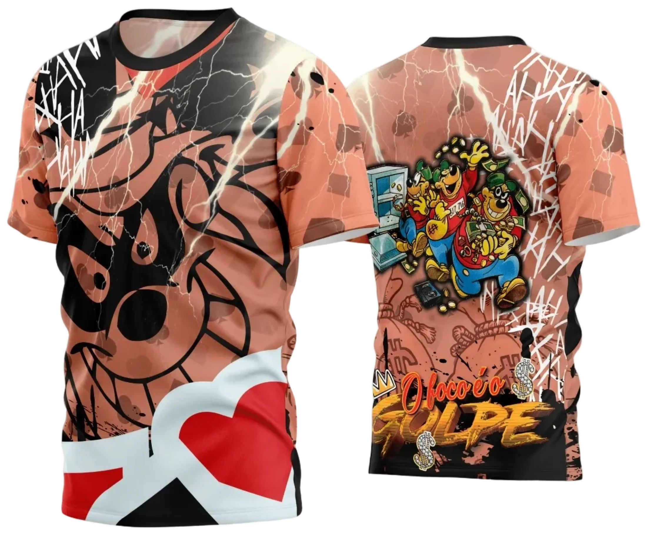 Camiseta unissex preta com logo no peito e estampa grande nas costas com design quebrado estilizado 2024, perfeito para quem busca visual moderno e impactante.