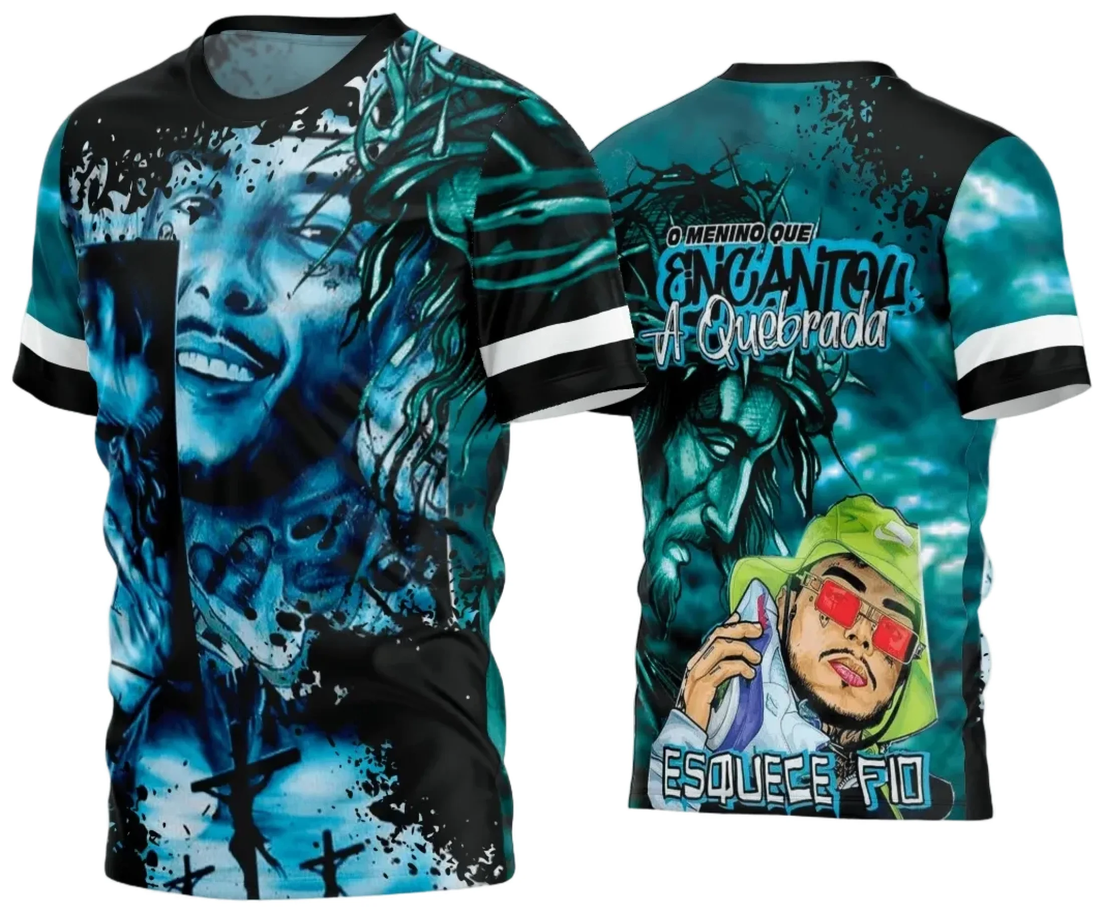 Camiseta unissex preta com logo no peito e estampa grande nas costas, tema Camisa Quebrada 2024, perfeita para quem busca estilo e atitude.