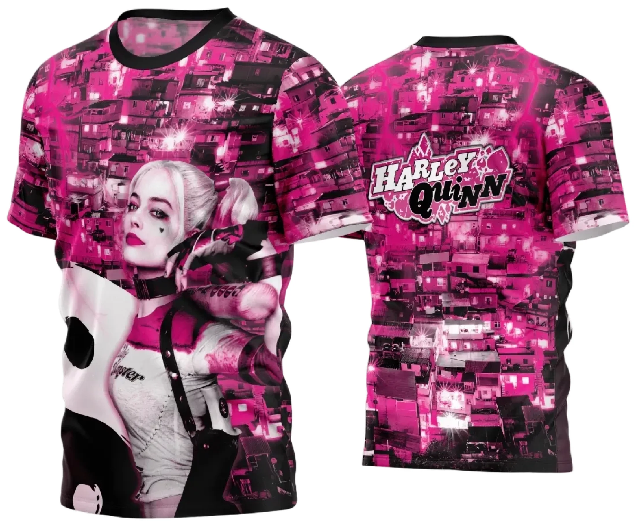 Camiseta unissex preta com logo no peito e estampa grande nas costas, tema Camisa Quebrada 2024, visual moderno e marcante.