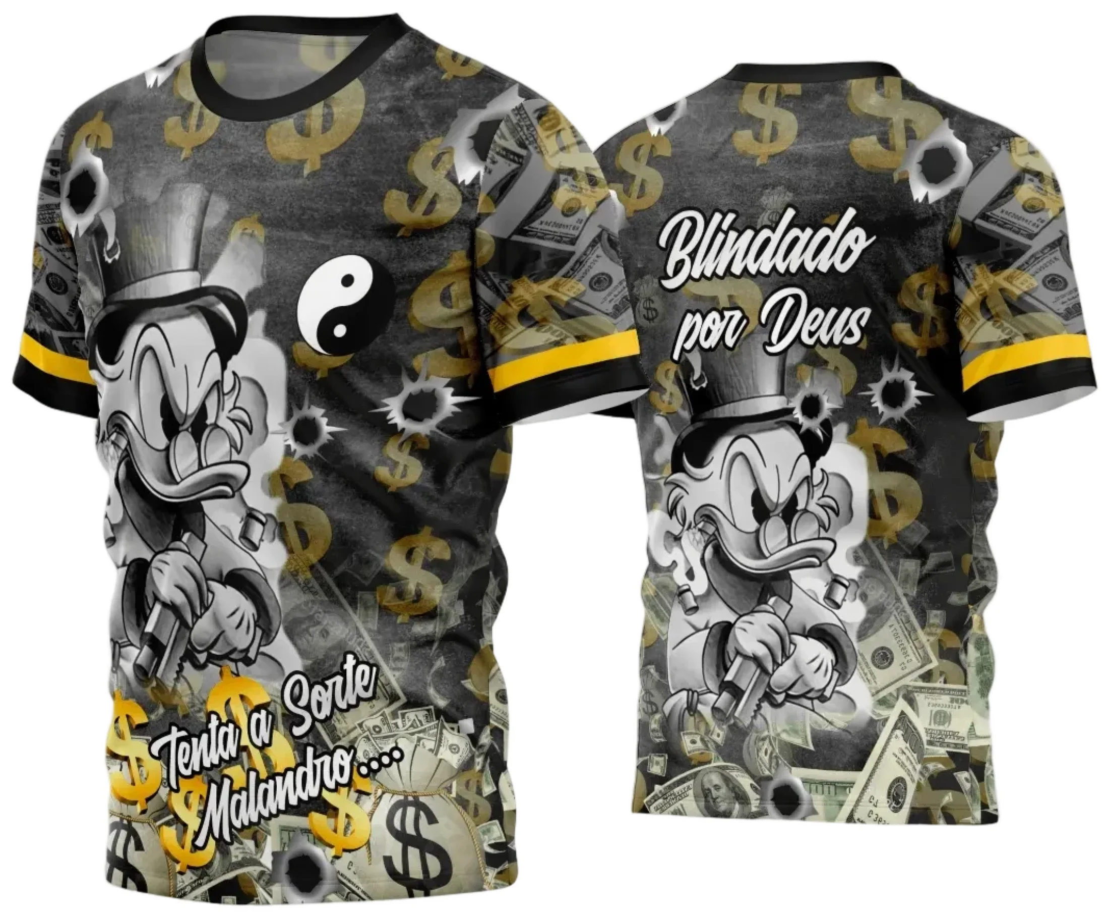 Camiseta unissex preta com logo no peito e estampa grande nas costas mostrando design moderno inspirado na Camisa Quebrada 2024, perfeita para destacar estilo urbano e contemporâneo.