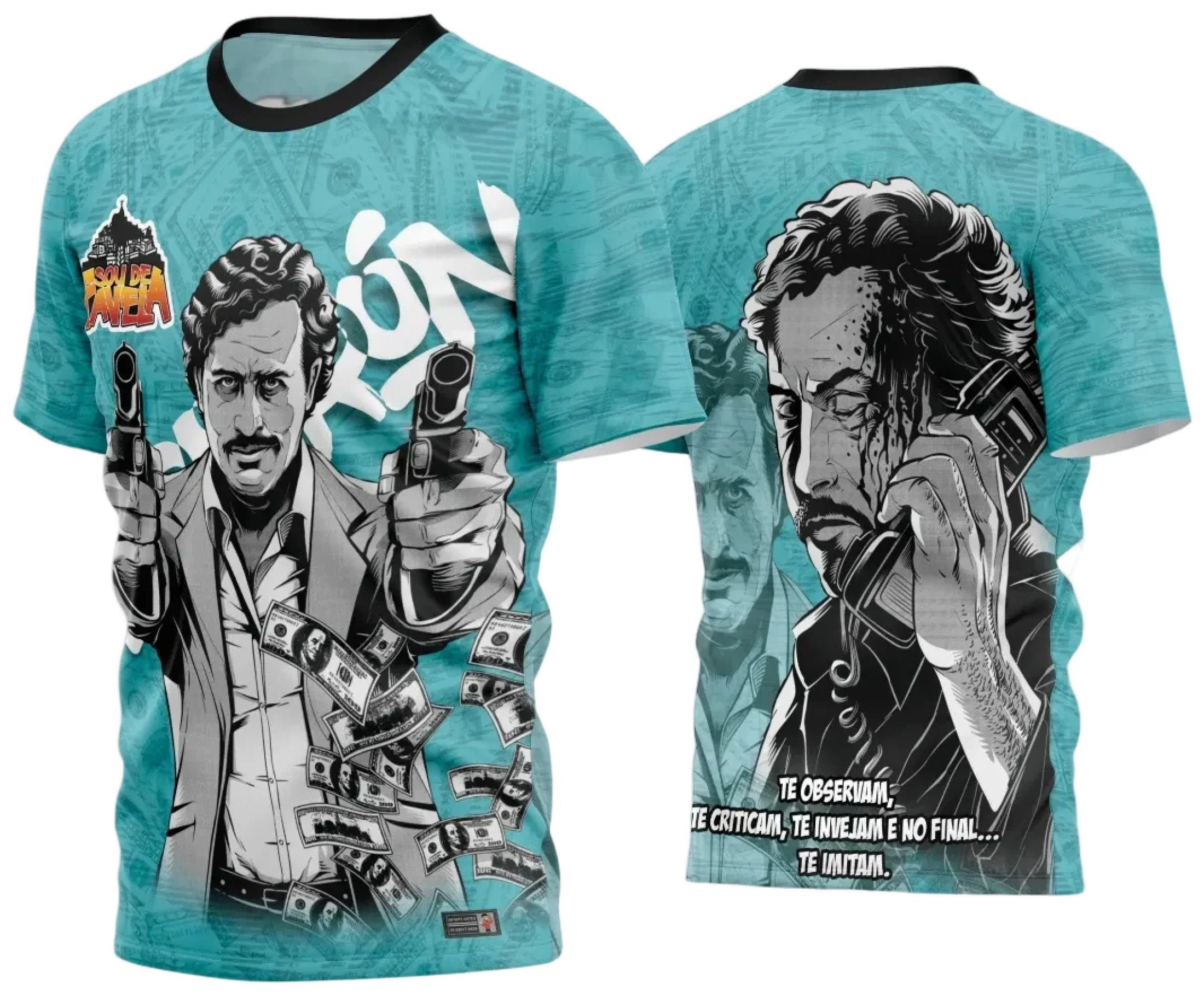 Camiseta unissex preta com logo no peito e estampa grande nas costas mostrando o tema Camisa Quebrada 2024, design moderno e casual ideal para uso diário e eventos.