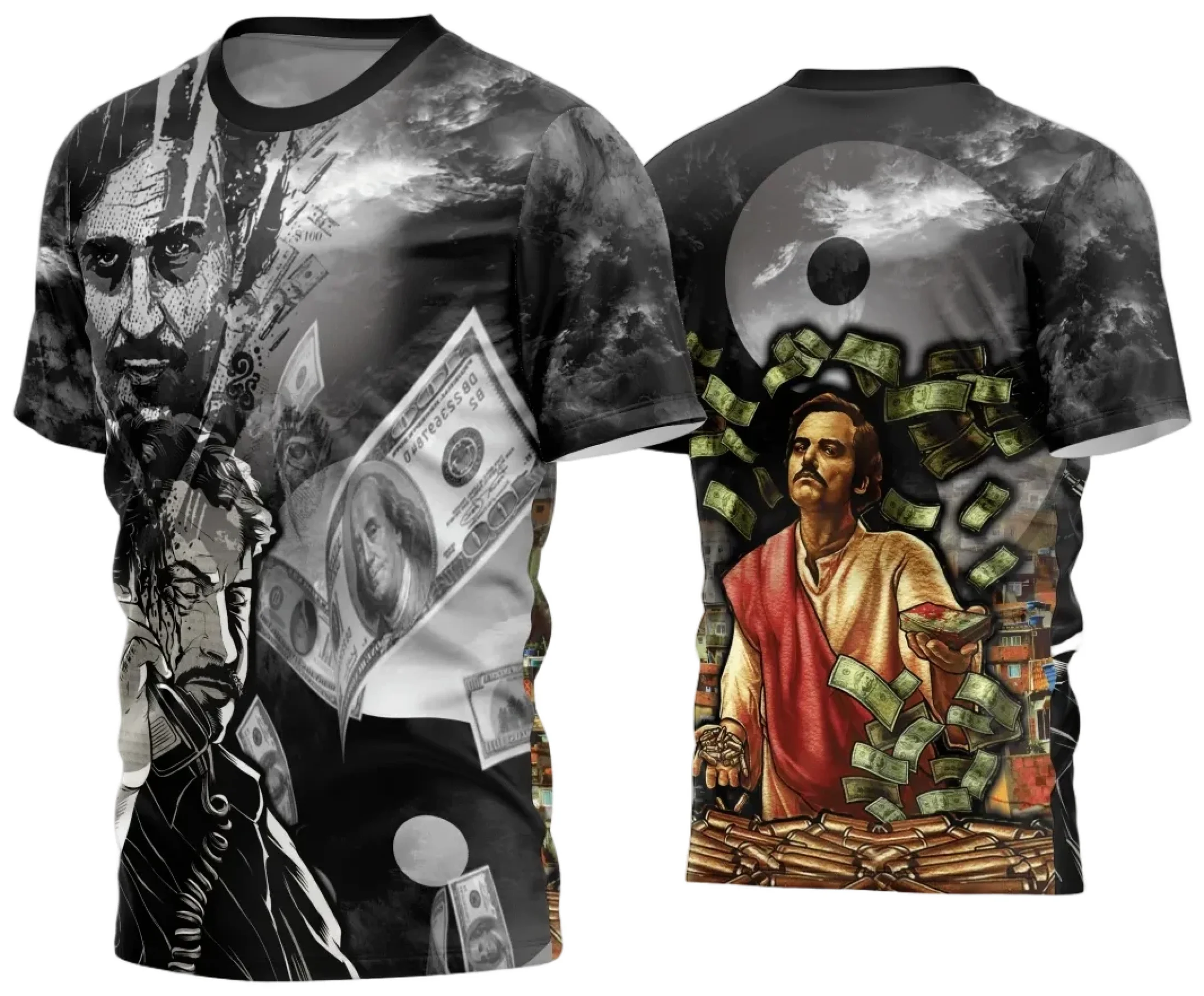 Camiseta unissex preta com logo no peito e estampa grande nas costas mostrando o tema Camisa Quebrada 2024, design moderno e visual impactante para quem busca estilo autêntico.