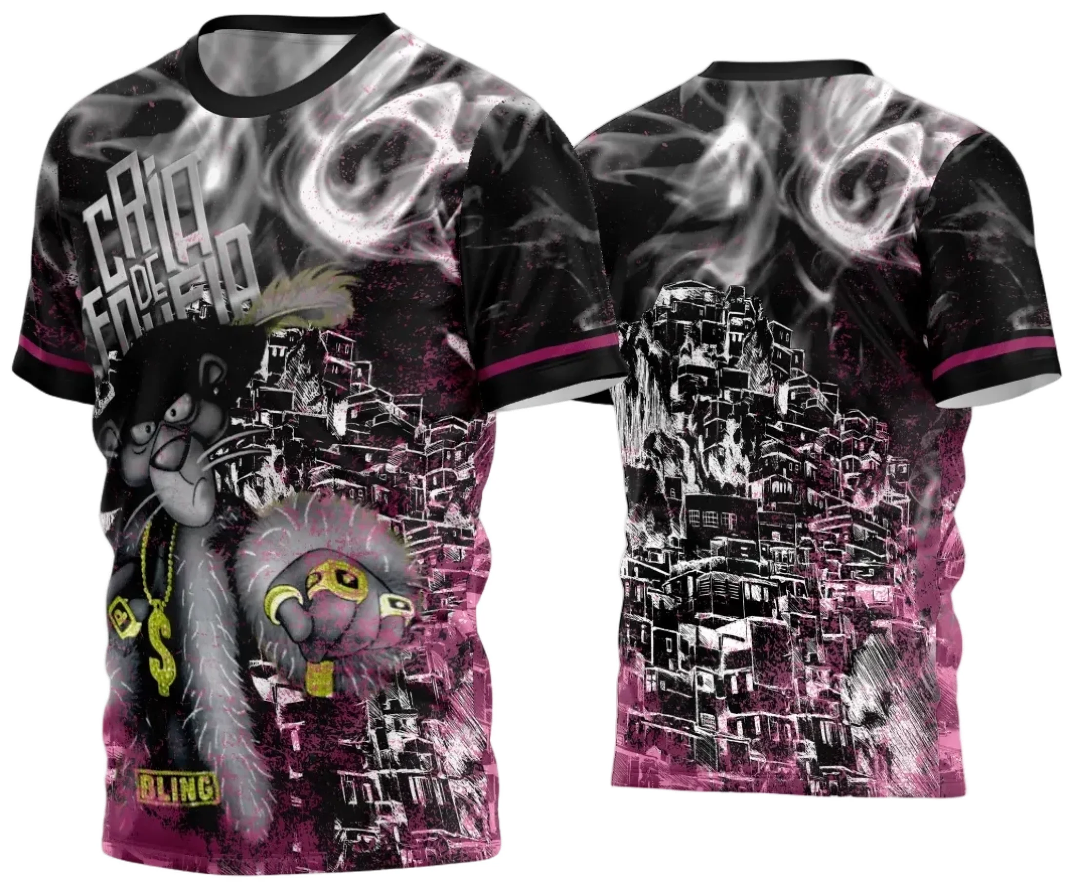 Camiseta unissex preta com logo no peito e estampa grande nas costas do tema Camisa Quebrada 2024, design moderno e marcante, perfeita para uso casual e urbano.