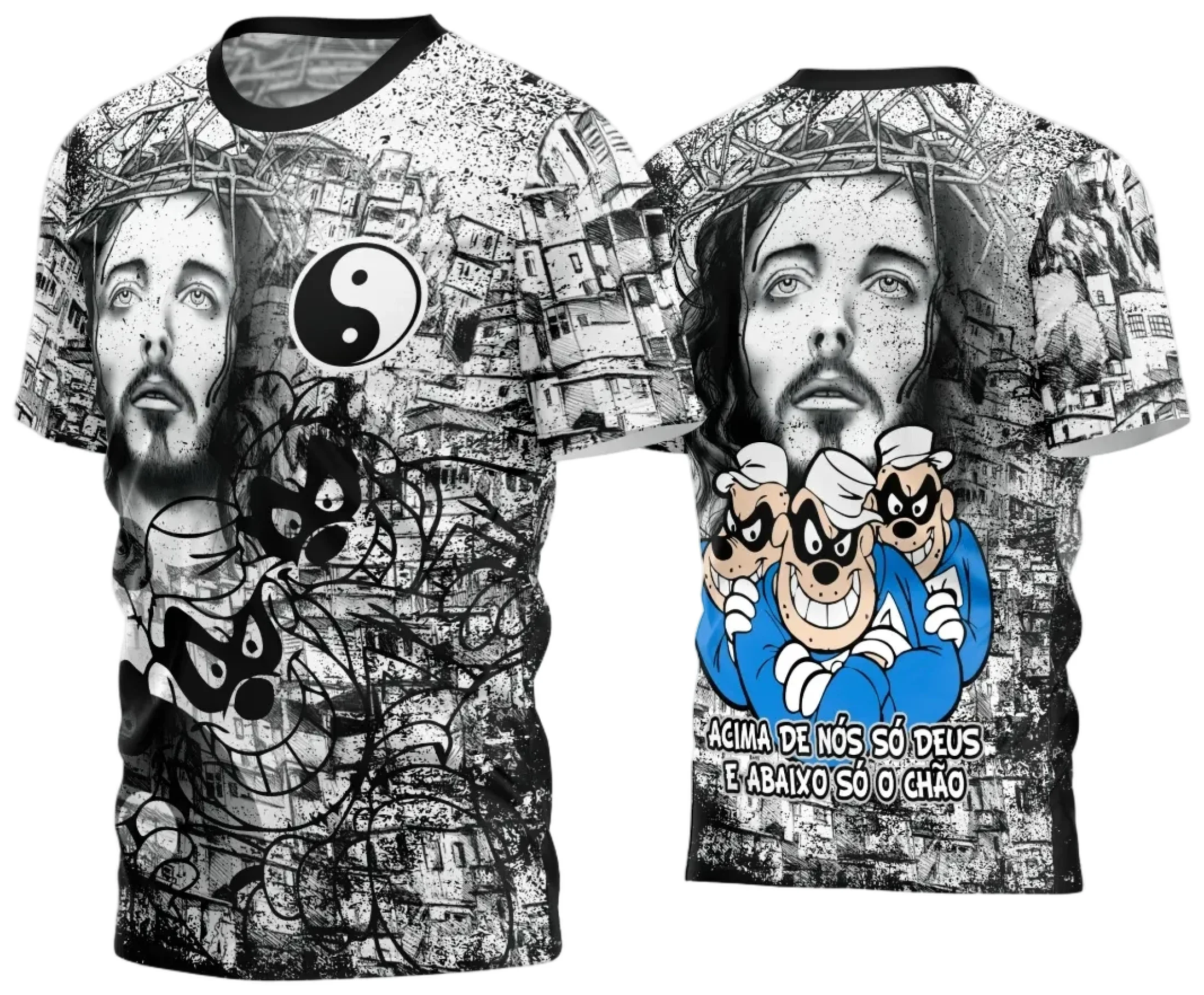 Camiseta unissex preta com logo no peito e estampa grande nas costas inspirada no tema Quebrada 2024, ideal para quem busca estilo urbano e moderno.