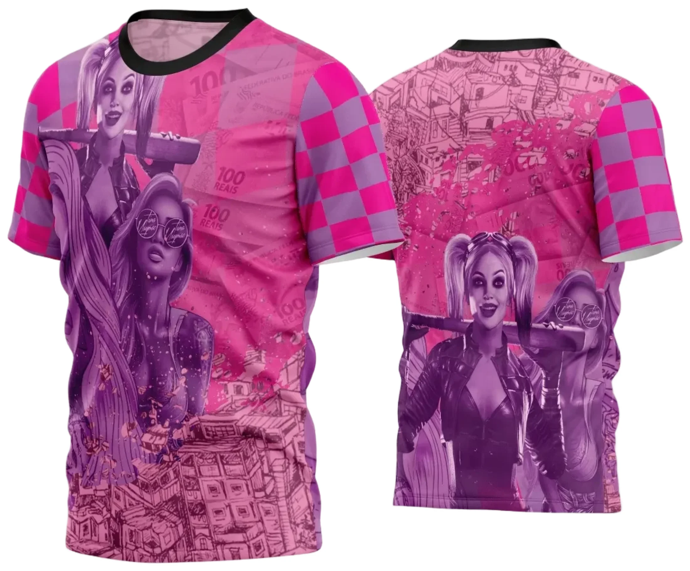 Camiseta unissex preta com logo no peito e estampa grande nas costas apresentando design inspirado em Camisa Quebrada 2024, visual moderno e impactante para uso casual.