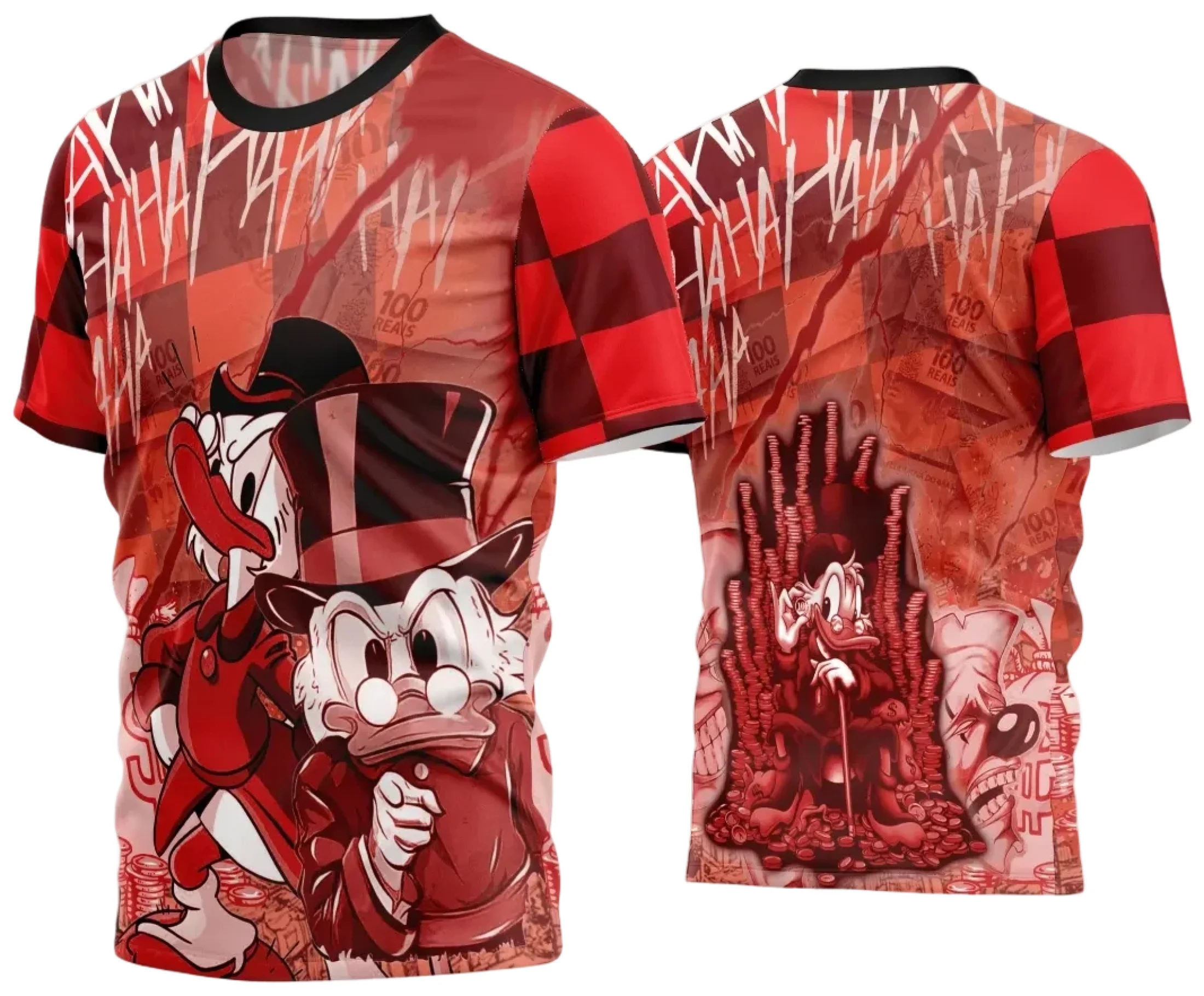 Camiseta unissex preta com logo no peito e estampa grande nas costas apresentando design quebrado e moderno de 2024, estilo urbano e atual para visual marcante.