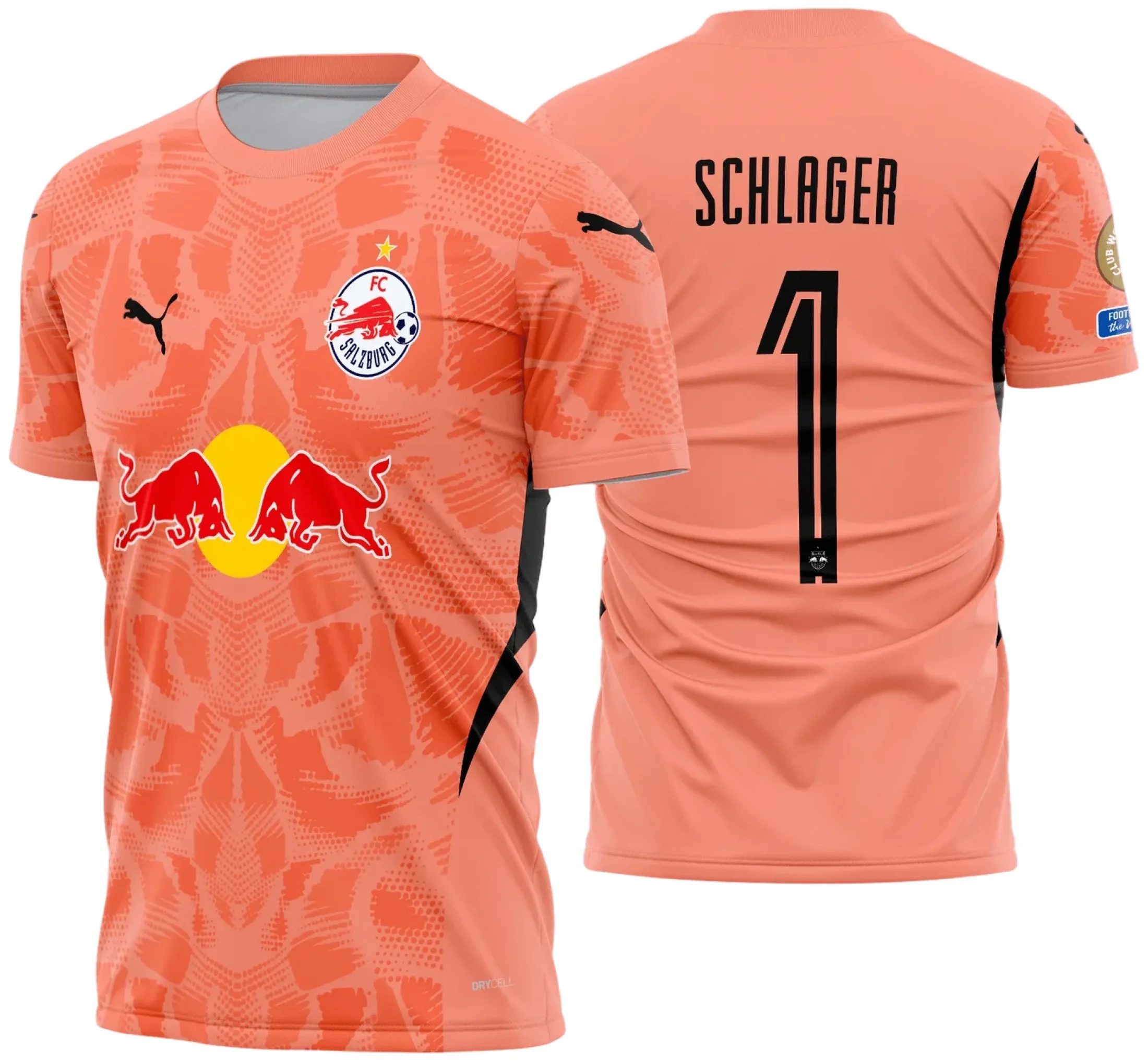 Camiseta unissex preta com logo no peito e estampa grande nas costas inspirada em RB Salzburg goleiro Copa Mundial de Clubes 2025 2026, design moderno e esportivo.