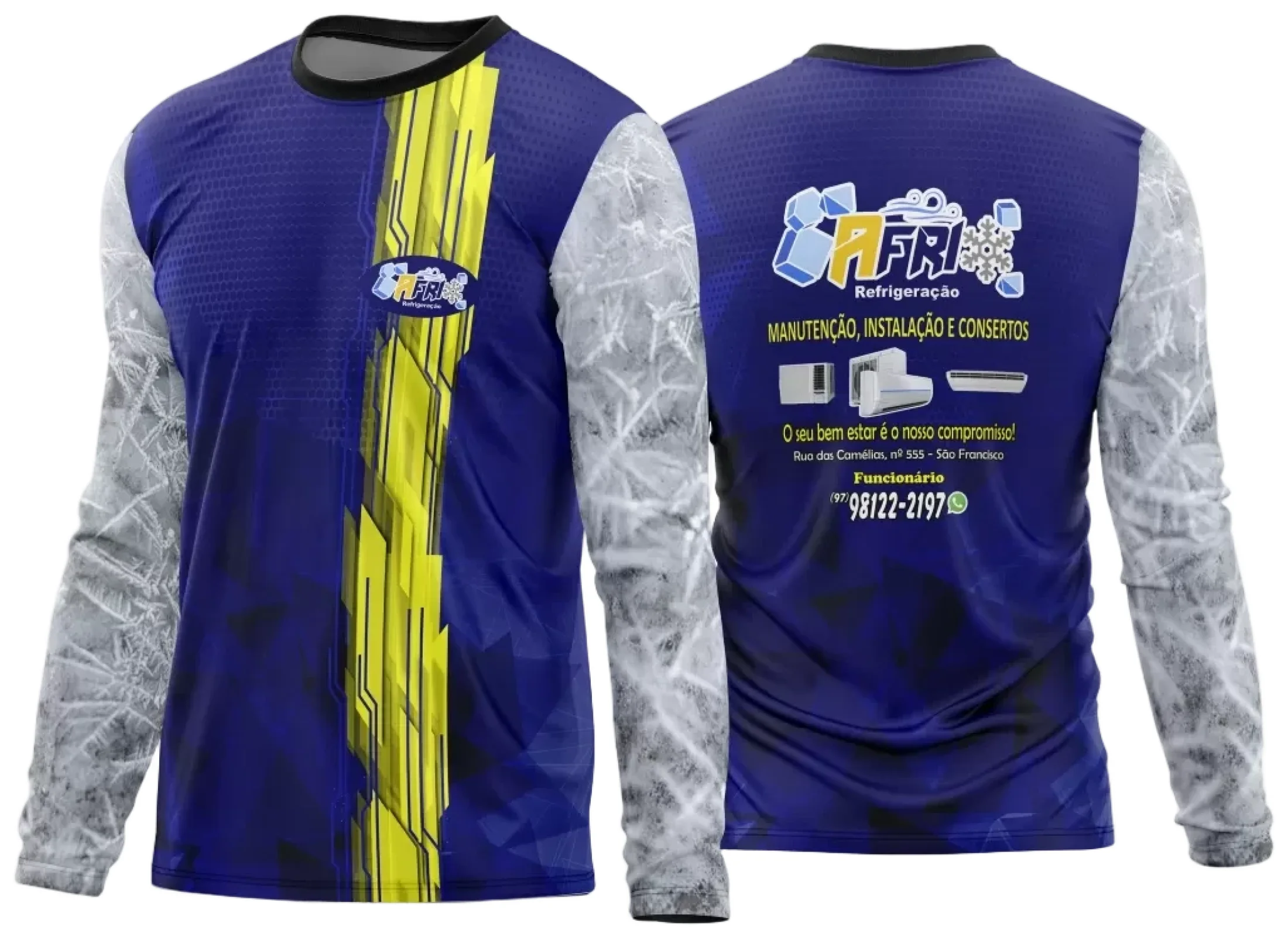 Camiseta unissex preta com logo no peito e estampa grande nas costas sobre refrigeração e ar condicionado 2024, perfeita para profissionais e fãs do tema.