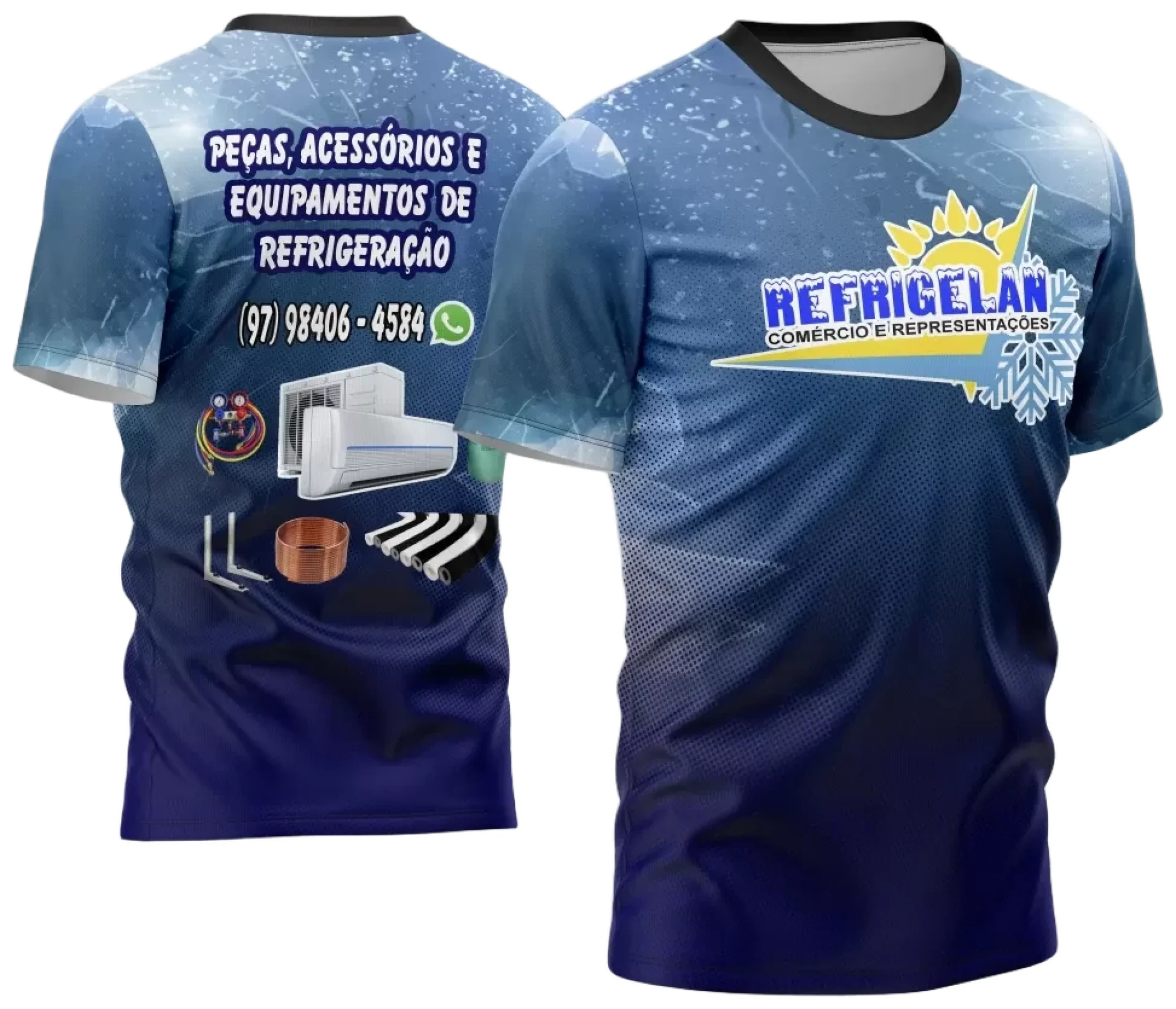 Camiseta unissex preta com logo no peito e estampa grande nas costas, destacando tema de refrigeração e ar condicionado em design moderno e vibrante.