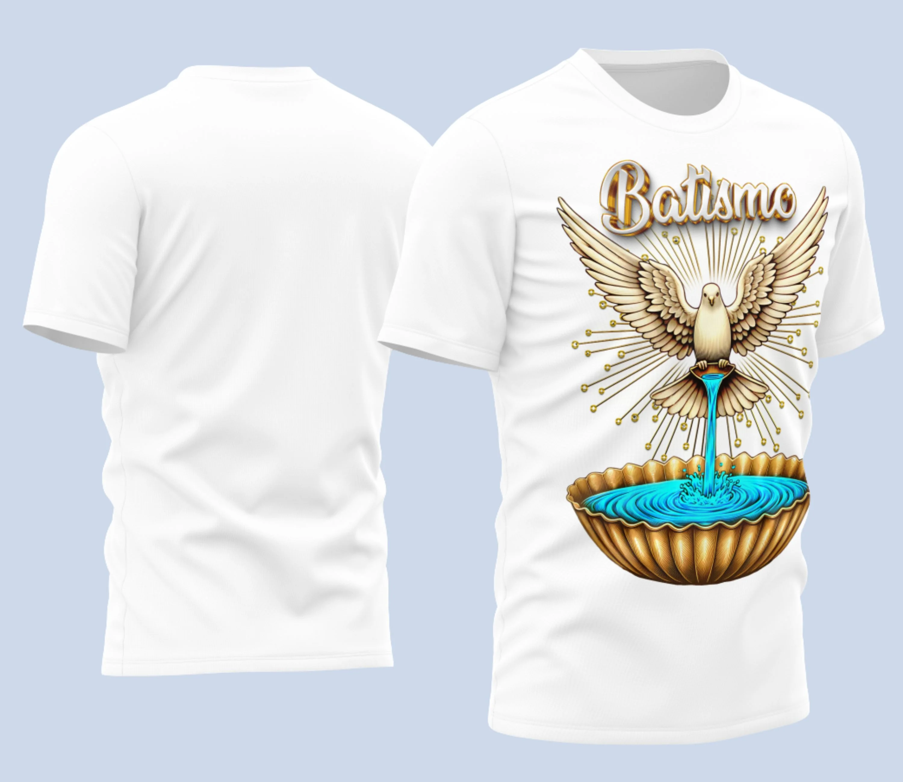 Camisa com logo no peito discreto e estampa grande nas costas com design religioso representando batismo em 2026, ideal para celebrações especiais e eventos religiosos.