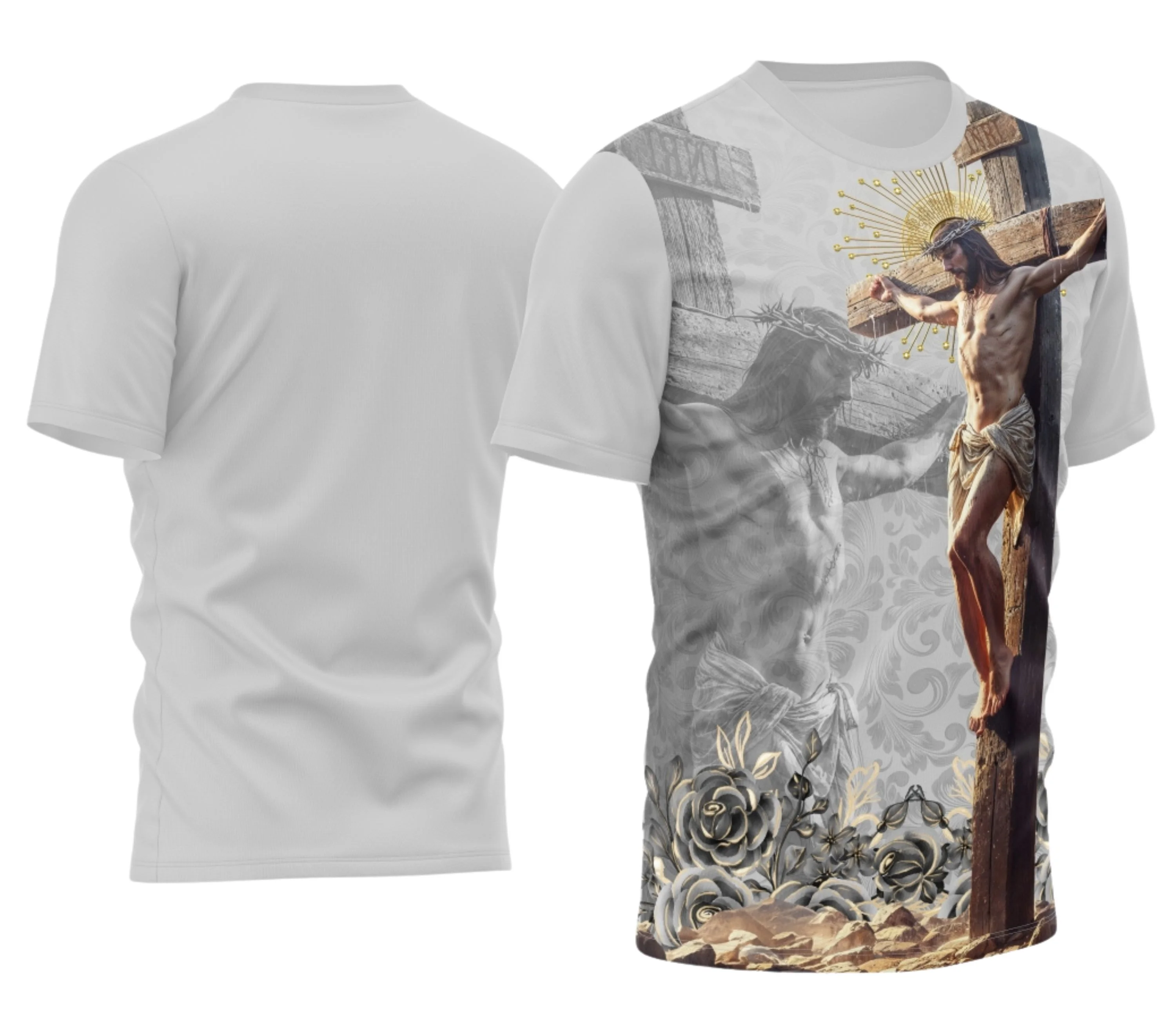 Camisa com logo no peito e estampa grande nas costas apresentando design inspirado na fé do Bom Jesus, com detalhes marcantes e símbolos religiosos que destacam a espiritualidade de forma elegante e impactante.