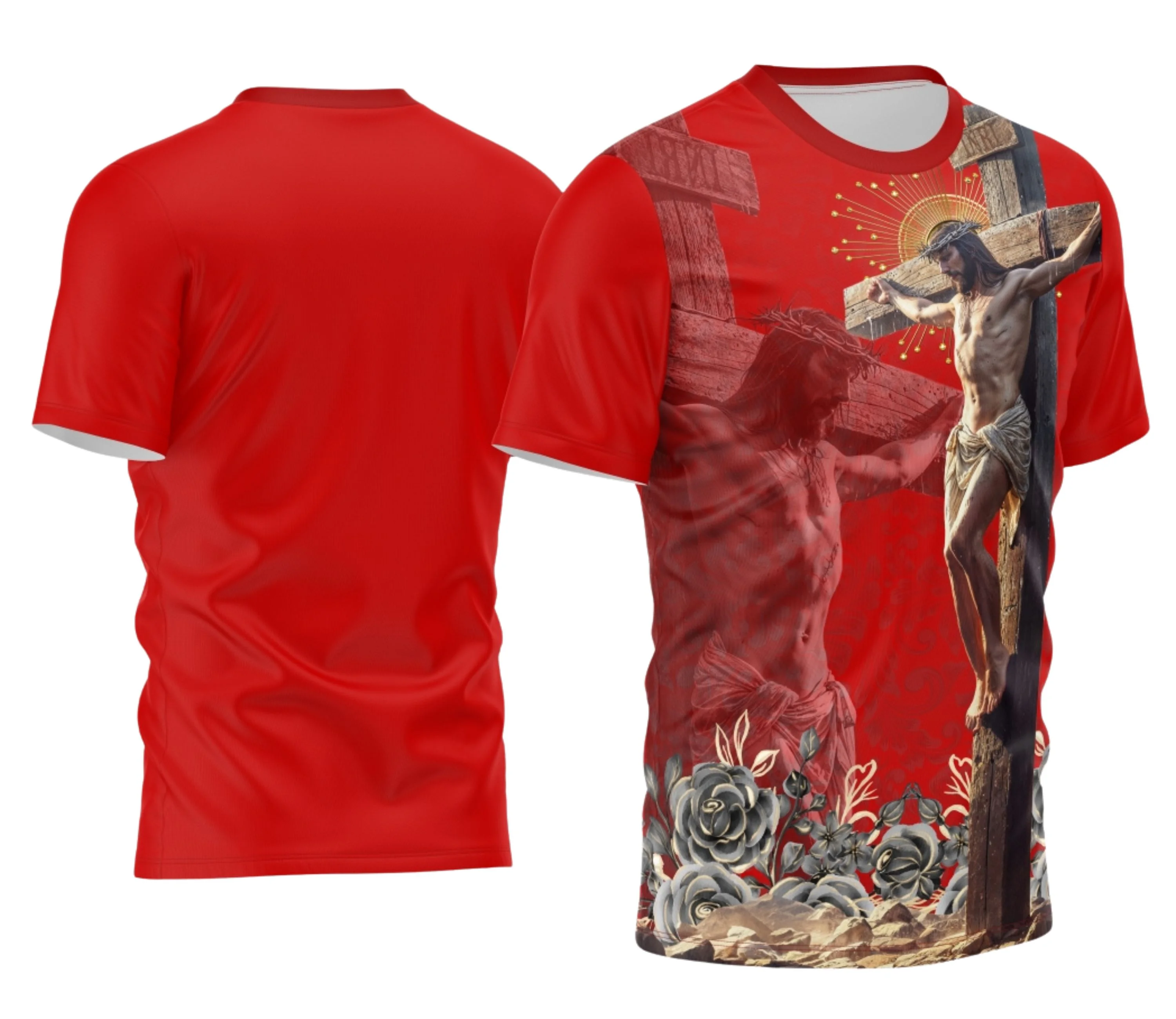 Camisa com logo no peito e estampa grande nas costas destacando o Bom Jesus, estilo único que une fé e arte em uma peça marcante para quem busca presença e significado.