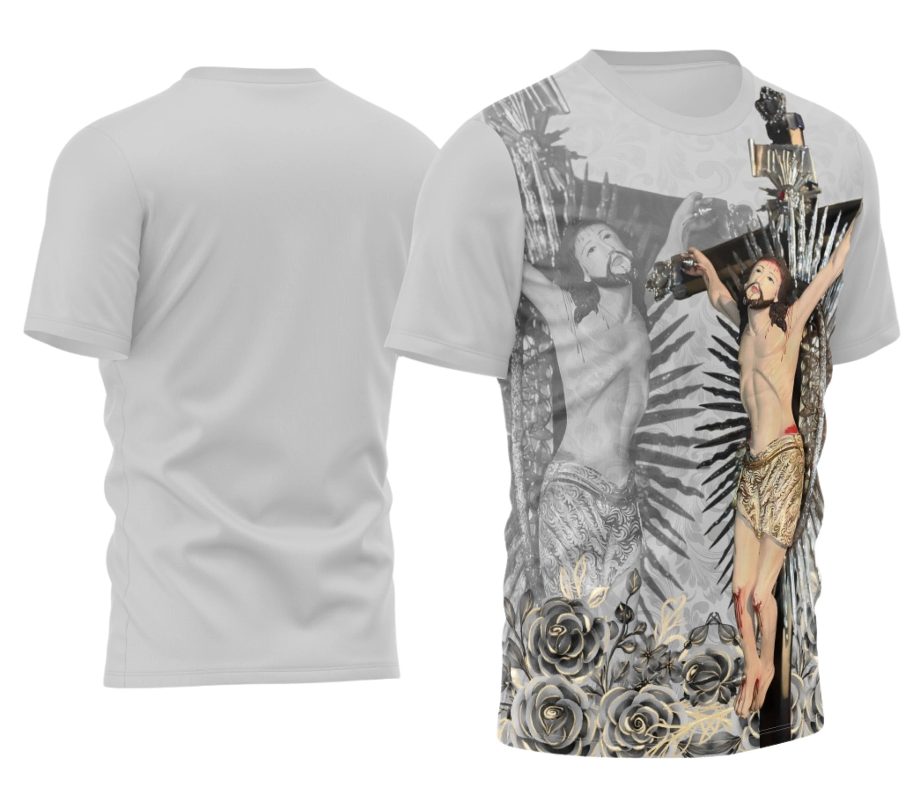 Camisa com logo no peito discretamente posicionado e estampa grande nas costas que destaca o tema religioso do Bom Jesus da Lapa, estilo marcante e cheio de significado para quem valoriza a fé e tradição.