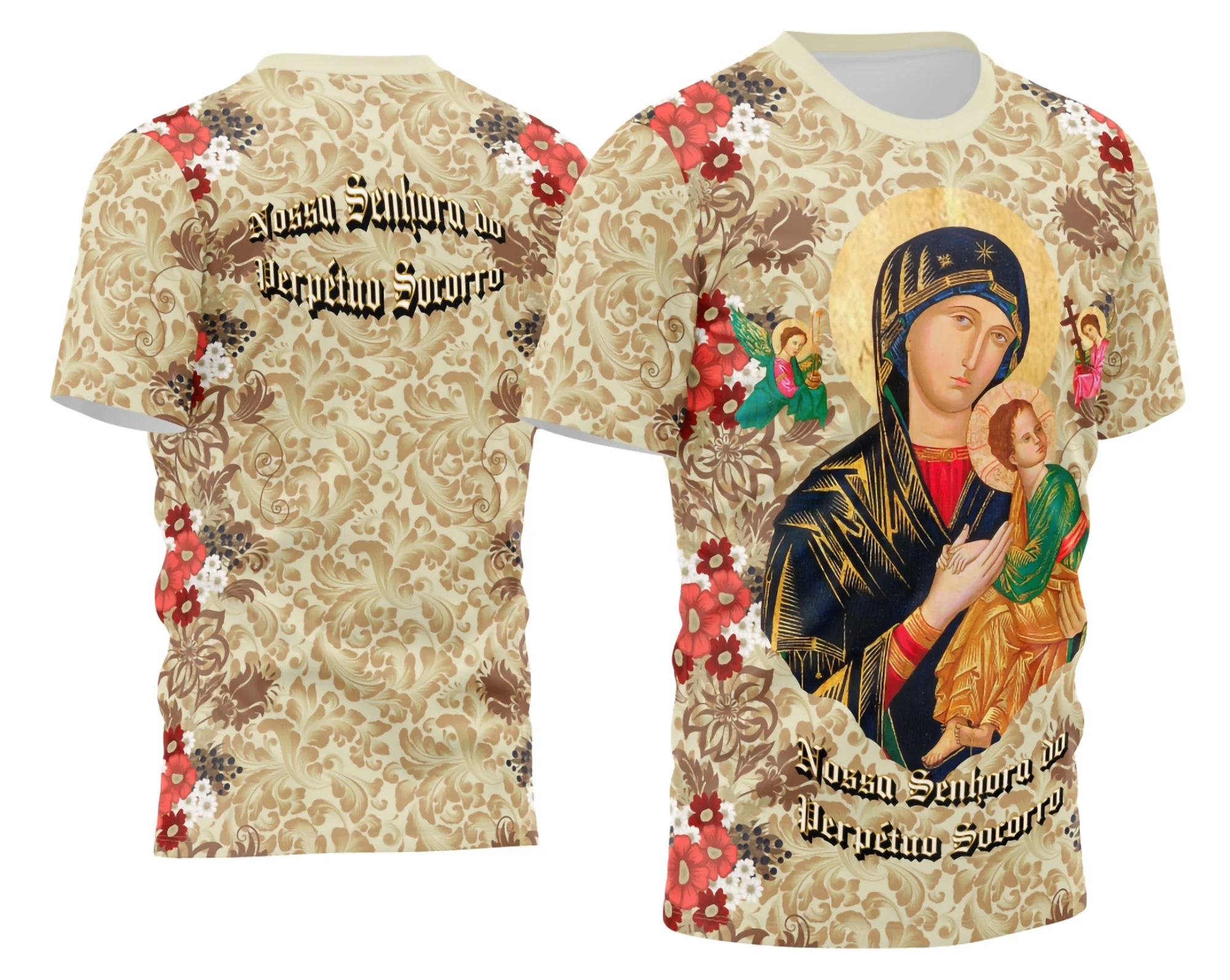 Camisa com logo no peito e estampa grande nas costas apresentando a imagem da Nossa Senhora do Perpétuo Socorro, em design religioso detalhado e elegante, ideal para expressar fé com estilo marcante.