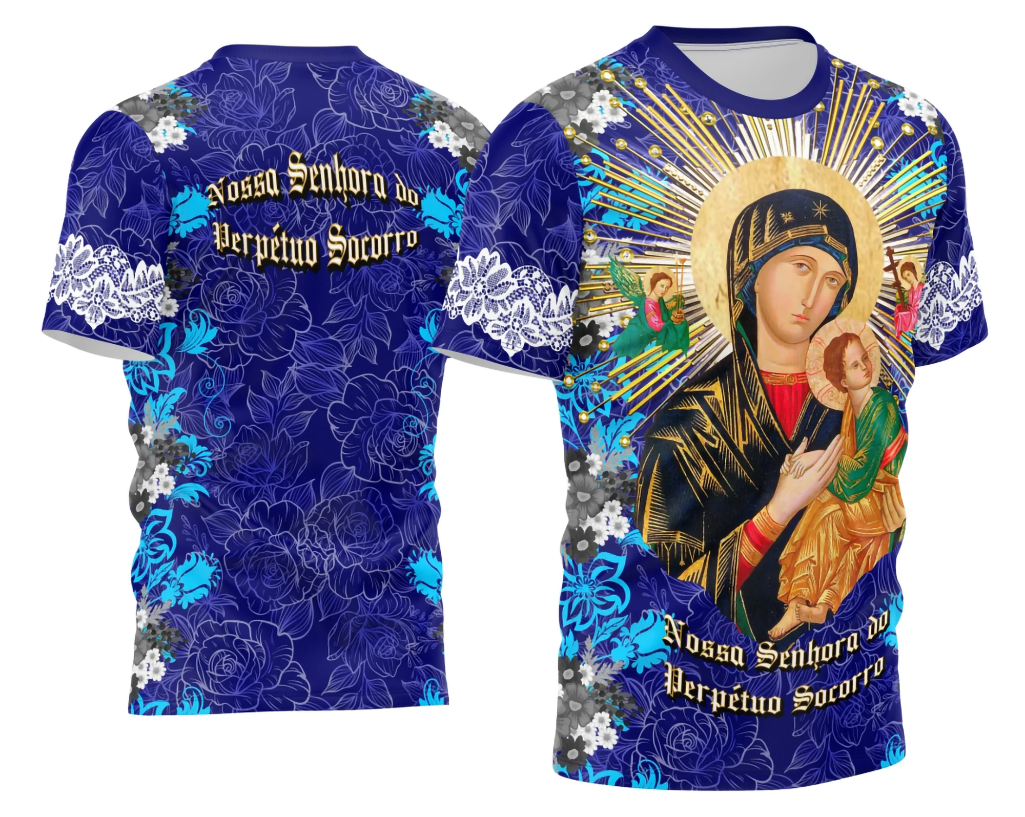 Camisa com logo no peito representando Nossa Senhora do Perpétuo Socorro e estampa grande nas costas, destacando detalhes religiosos em cores vibrantes, ideal para quem valoriza fé e estilo.