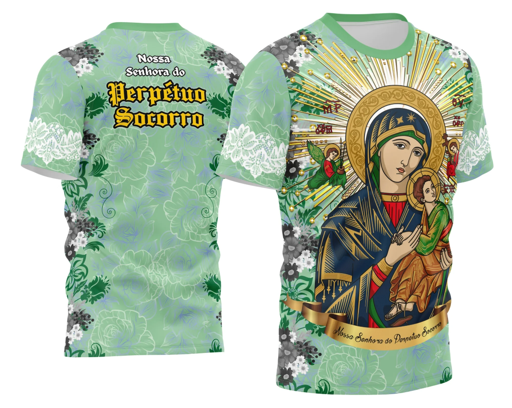 Imagem de camisa com logo no peito e estampa grande nas costas ilustrando Nossa Senhora do Perpétuo Socorro em design religioso, transmitindo fé e proteção em estilo marcante e elegante.