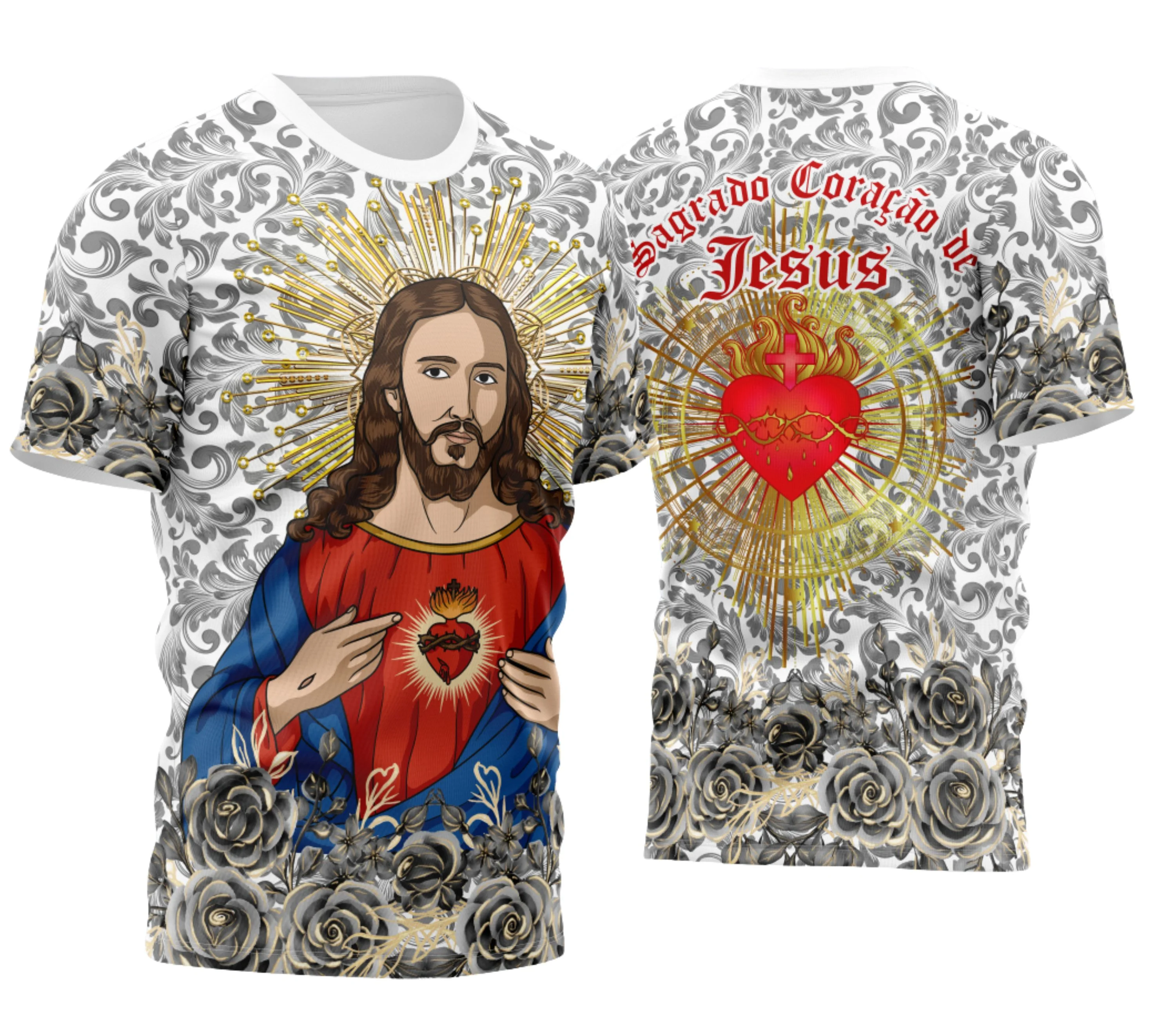 Camisa com logo no peito do Sagrado Coração de Jesus e estampa grande nas costas com detalhes religiosos vibrantes, transmitindo fé e espiritualidade em estilo moderno.