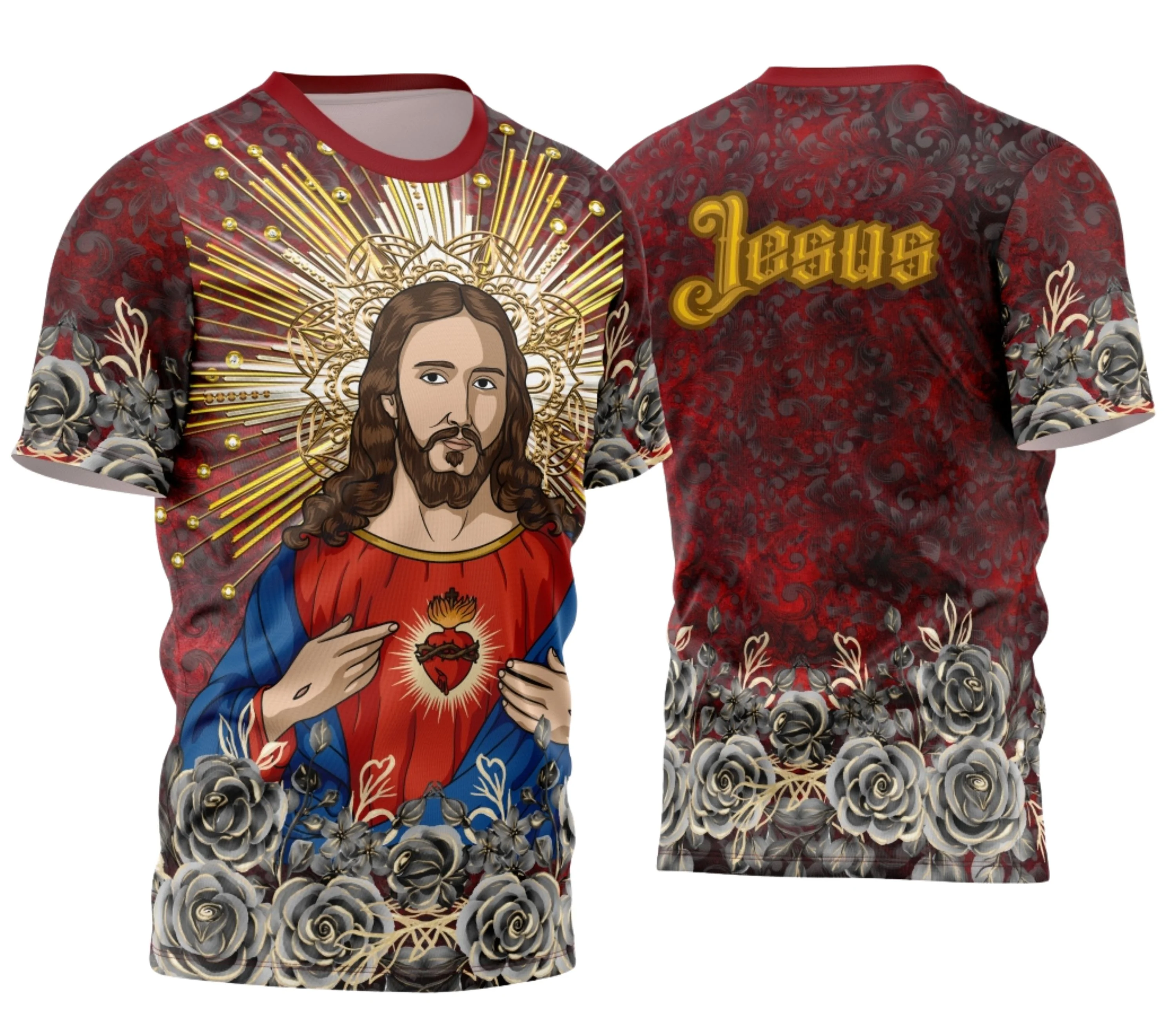 Camisa branca com logo do Sagrado Coração de Jesus logo no peito e estampa grande nas costas mostrando um design vibrante e detalhado, ideal para quem valoriza fé e estilo em peça única.