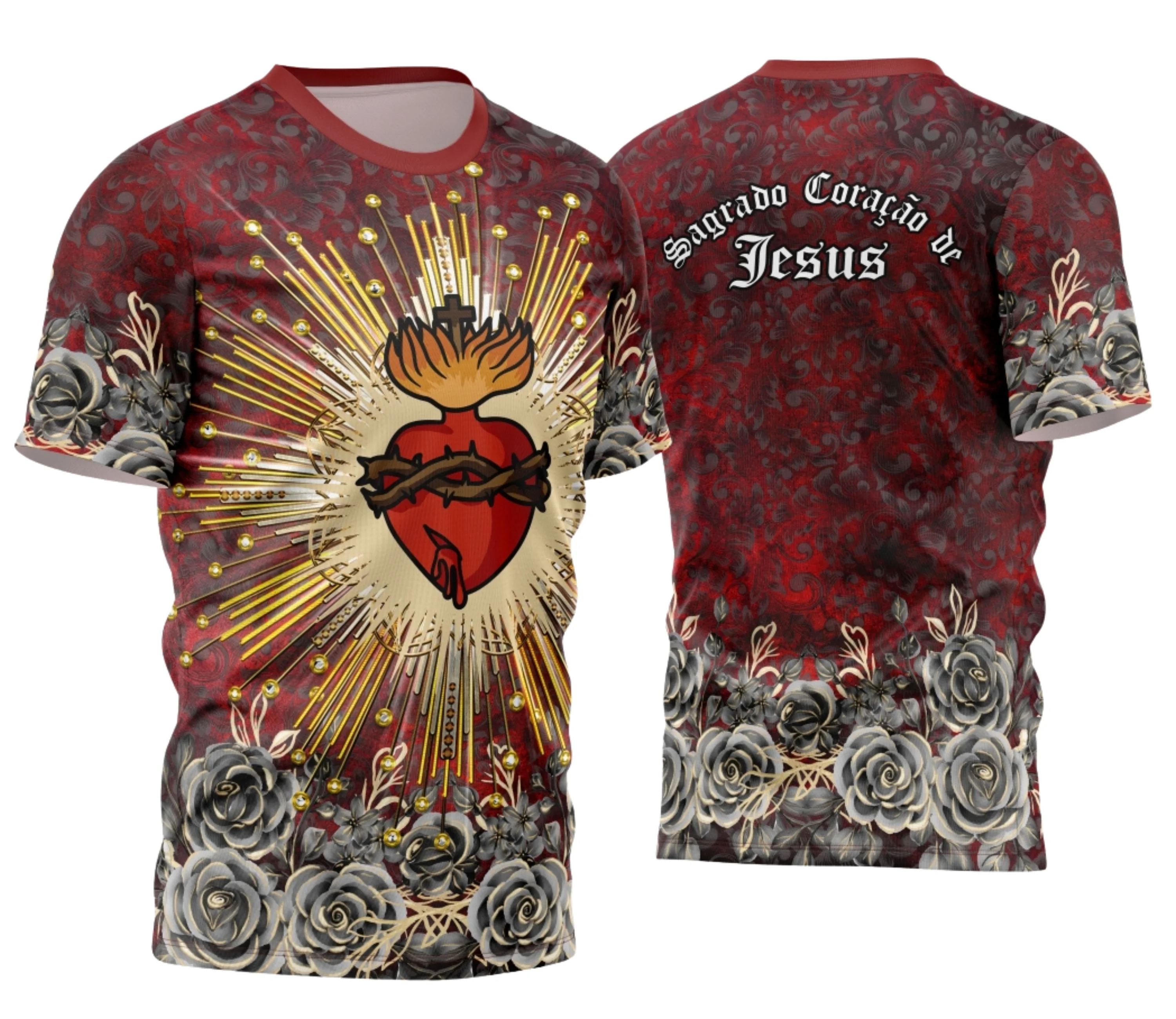Camisa com logo no peito destacando o Sagrado Coração de Jesus e estampa grande nas costas com detalhes religiosos em tons vibrantes, perfeita para expressar fé com estilo