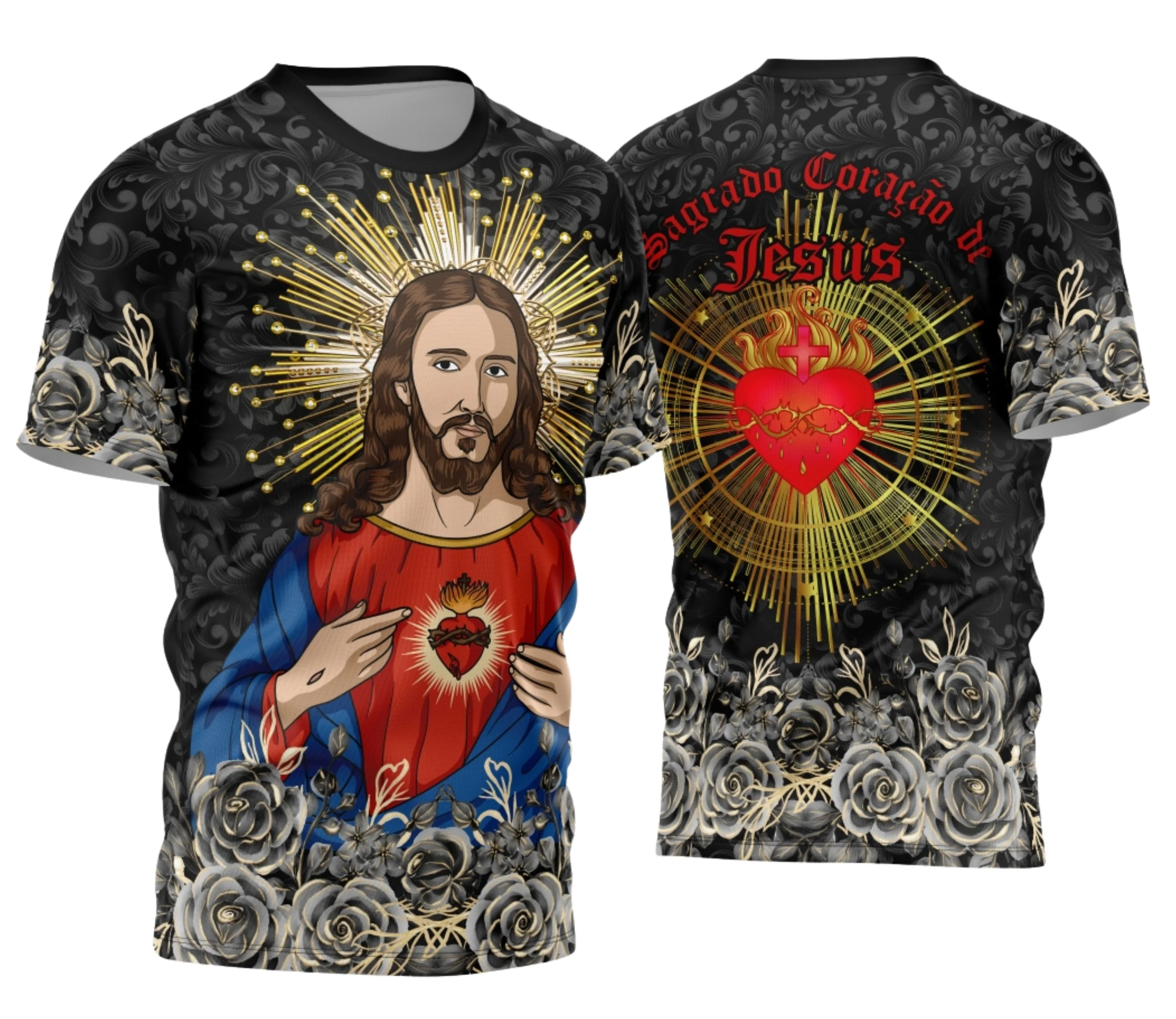 Foto da camisa com design detalhado do Divino Coração Sagrado logo no peito e uma estampa grande nas costas que destaca elementos religiosos com cores vibrantes e símbolos clássicos.