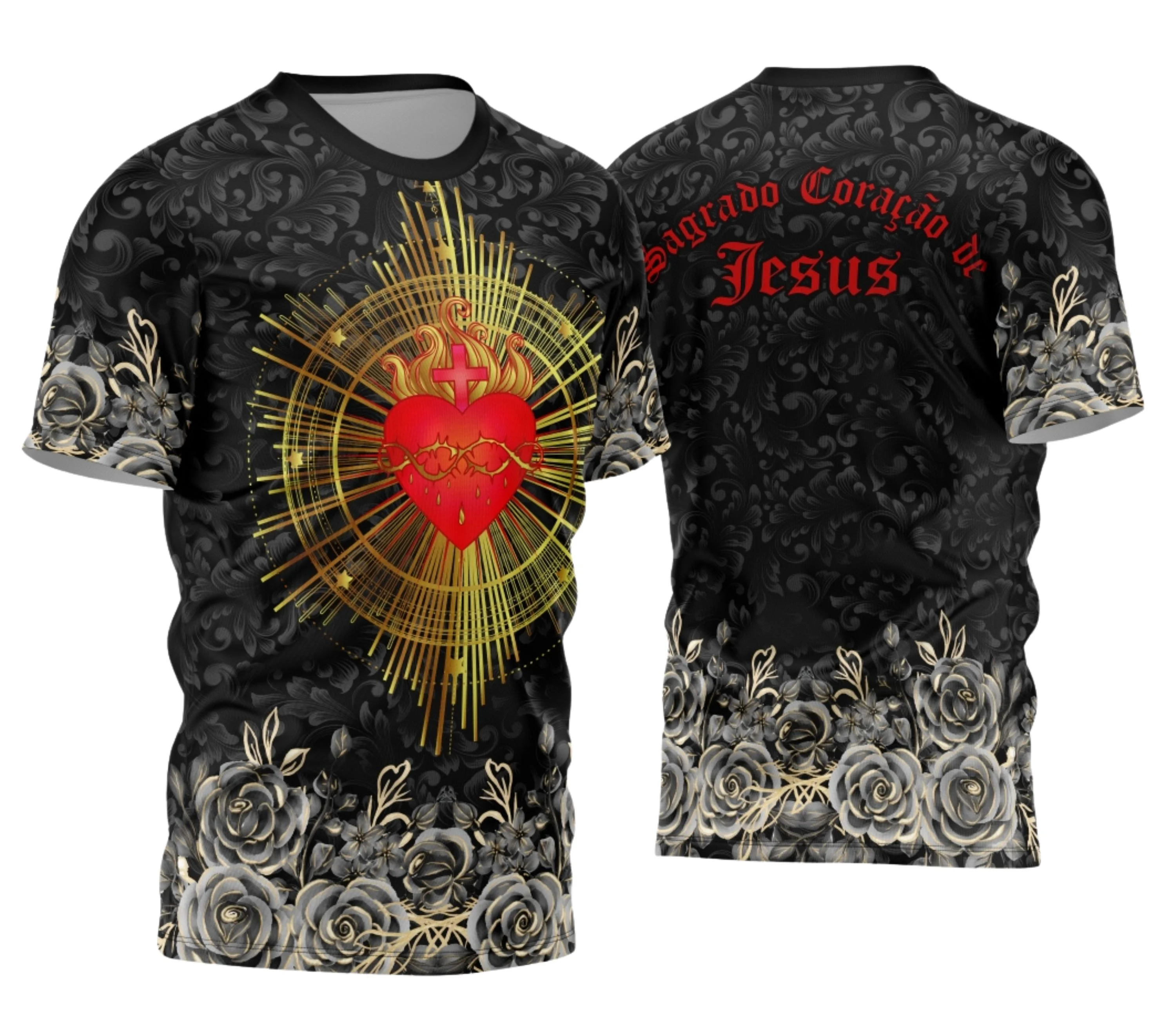 Camisa com logo no peito do Sagrado Coração de Jesus e estampa grande nas costas, exibindo detalhes religiosos e design vibrante, ideal para expressar fé com estilo marcante em eventos e ocasiões especiais.