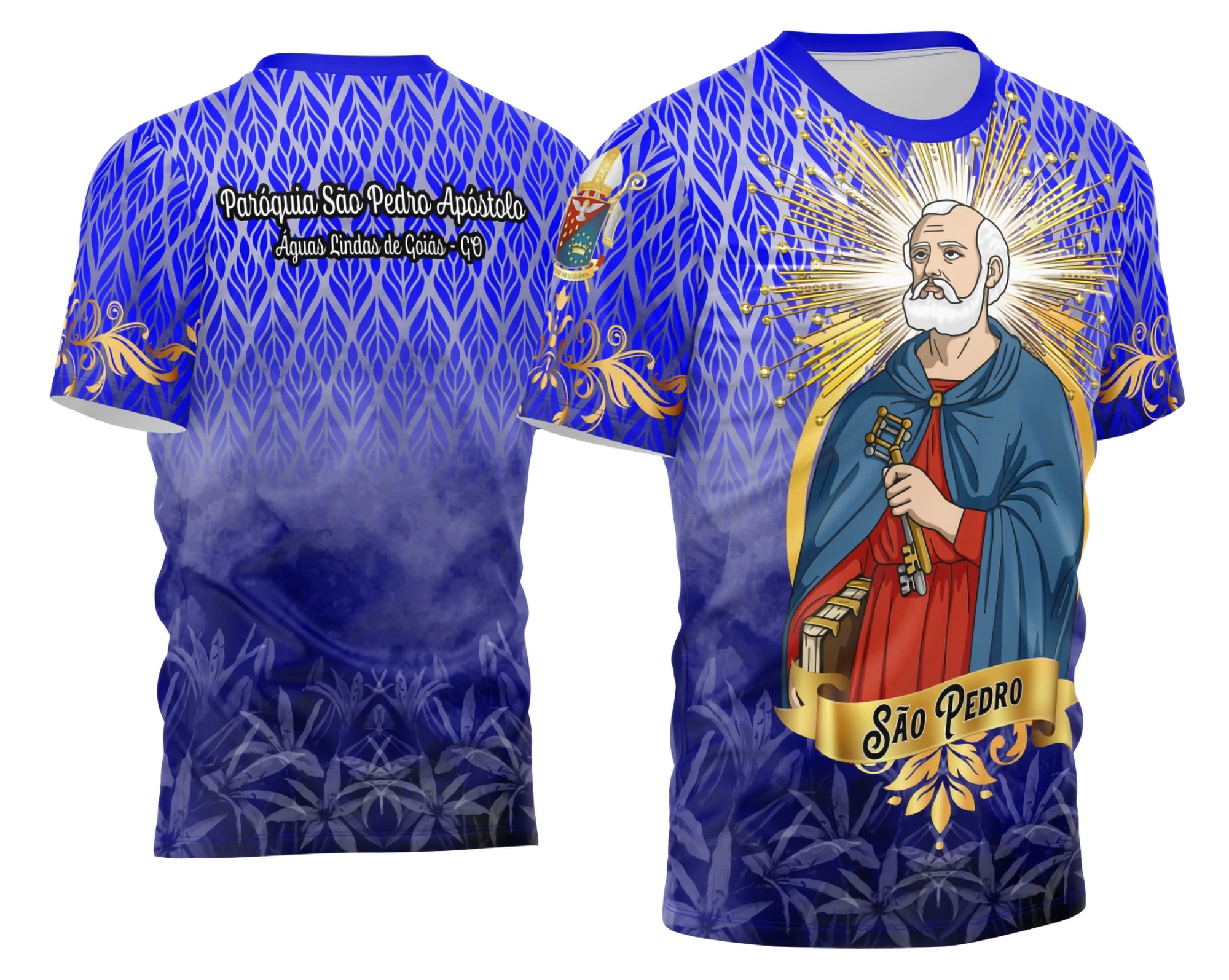Camisa com logo no peito discreto e estampa grande nas costas destacando São Pedro, em estilo religioso moderno, perfeito para expressar fé com estilo marcante.