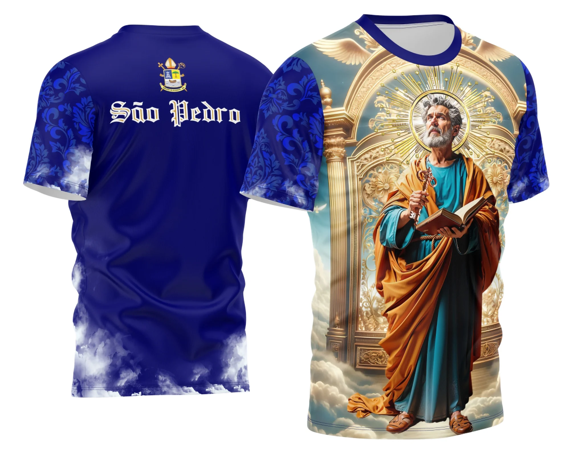 Camisa com logo no peito representando Santo Pedro, com estampa grande nas costas em estilo religioso tradicional com detalhes marcantes e cores vibrantes que destacam a fé.