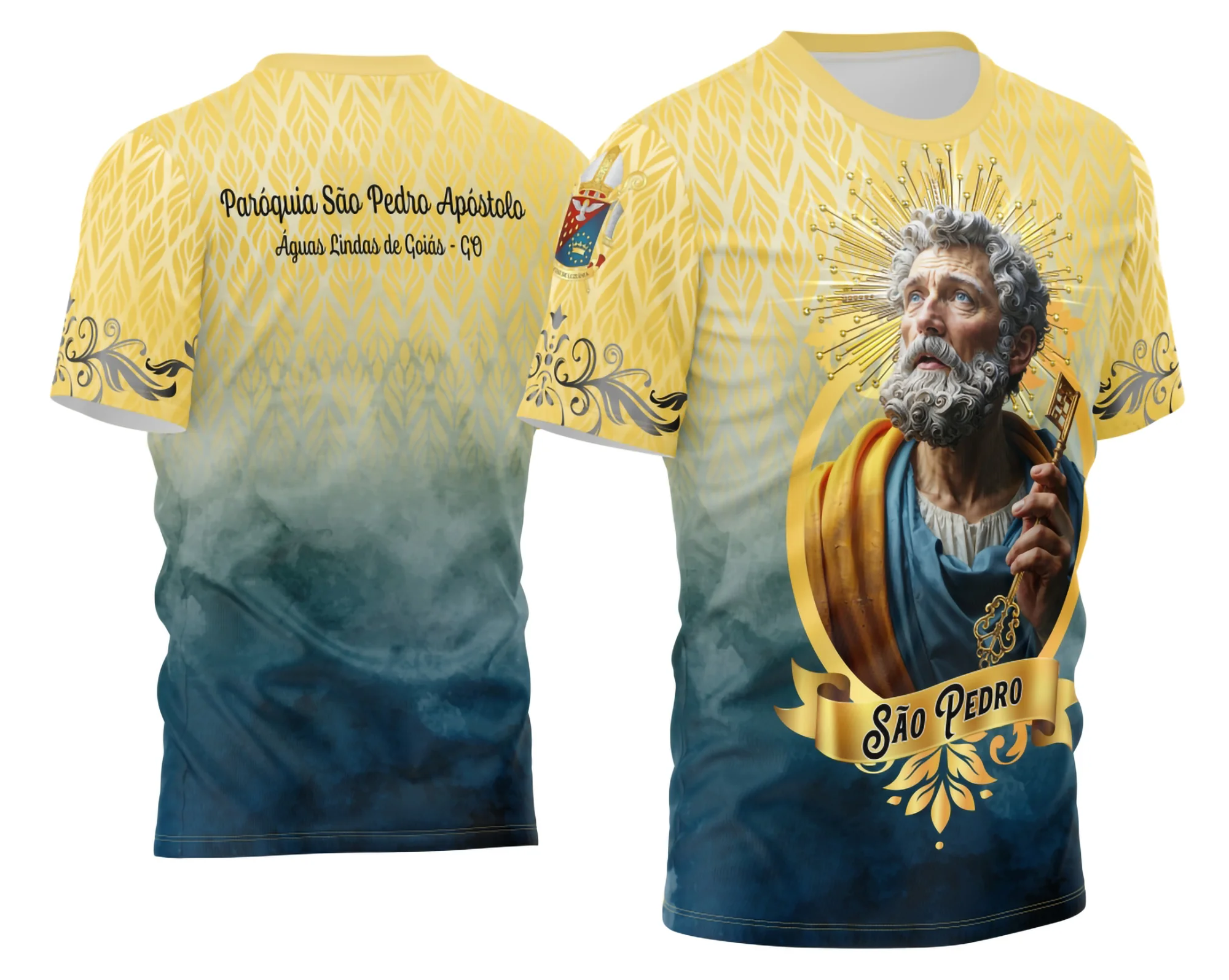 Camisa com logo no peito e estampa grande nas costas que destaca o tema religioso de São Pedro, com design marcante e espiritual para ocasiões especiais e eventos religiosos.