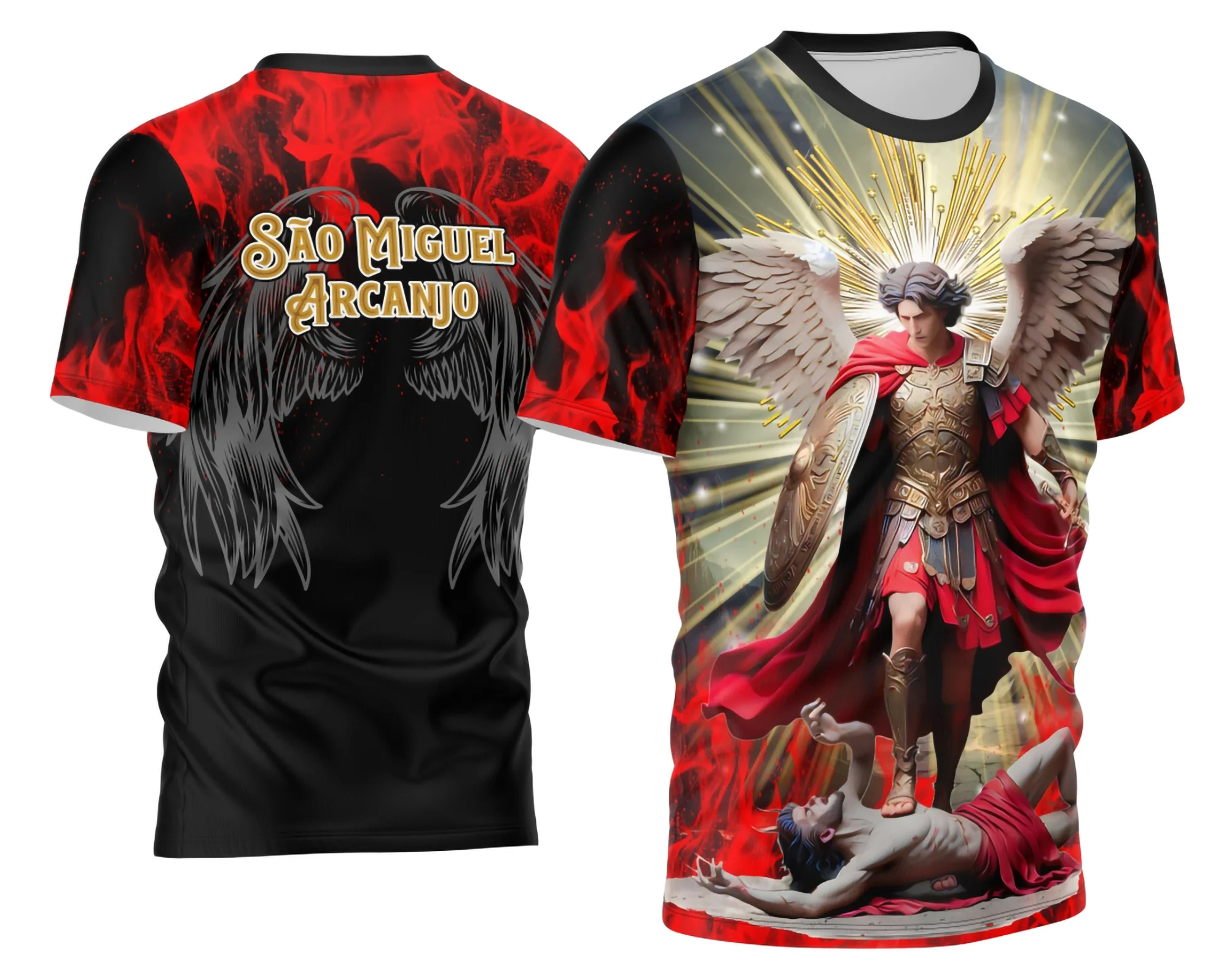 Camisa com logo no peito representando São Miguel Arcanjo, combinada com estampa grande nas costas que destaca elementos religiosos em um design único e impactante, perfeita para quem valoriza fé e proteção.