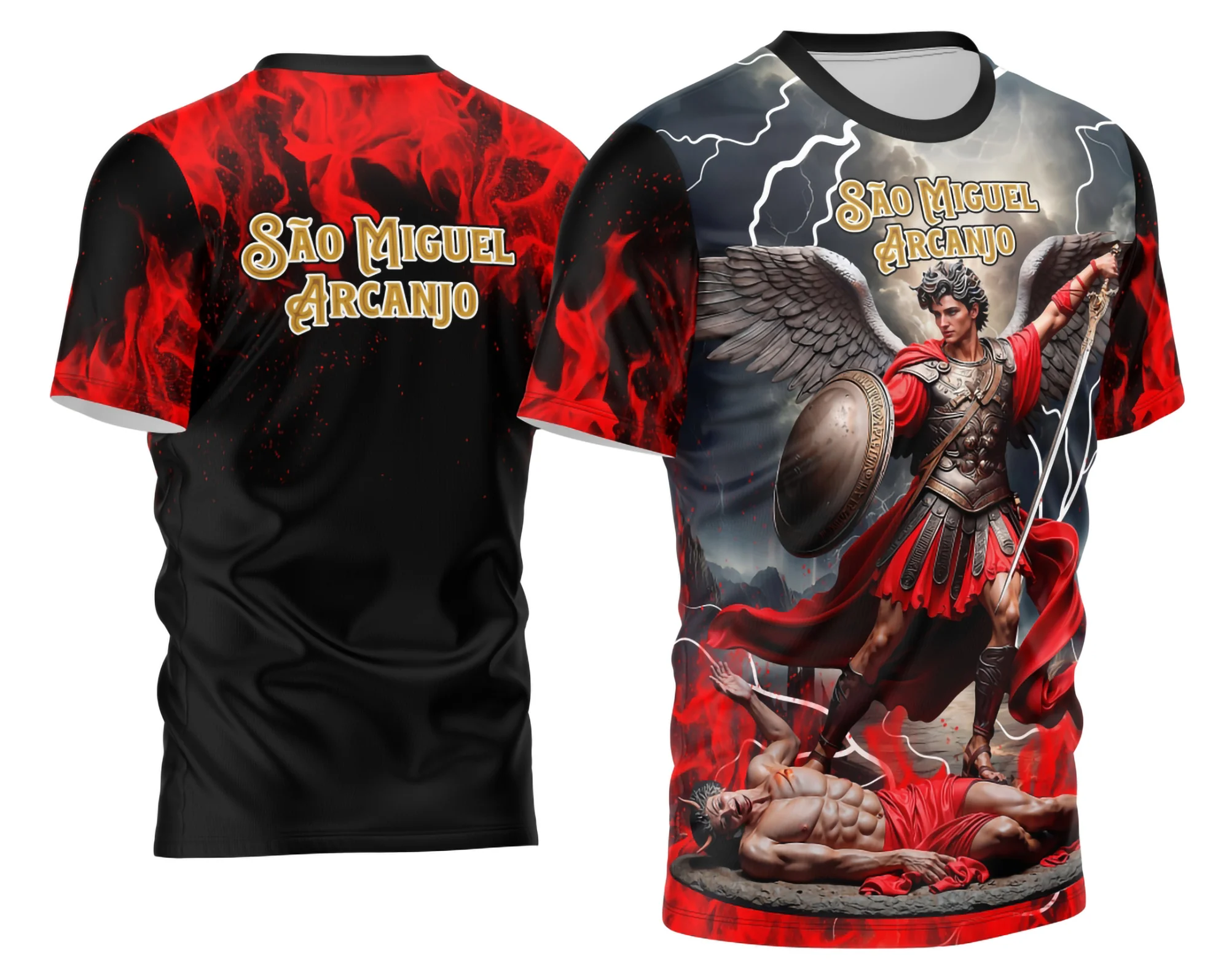 Foto de camisa com logo no peito que destaca São Miguel Arcanjo em design moderno e estampa grande nas costas com ilustração detalhada do arcanjo, em estilo contemporâneo e cores vibrantes.