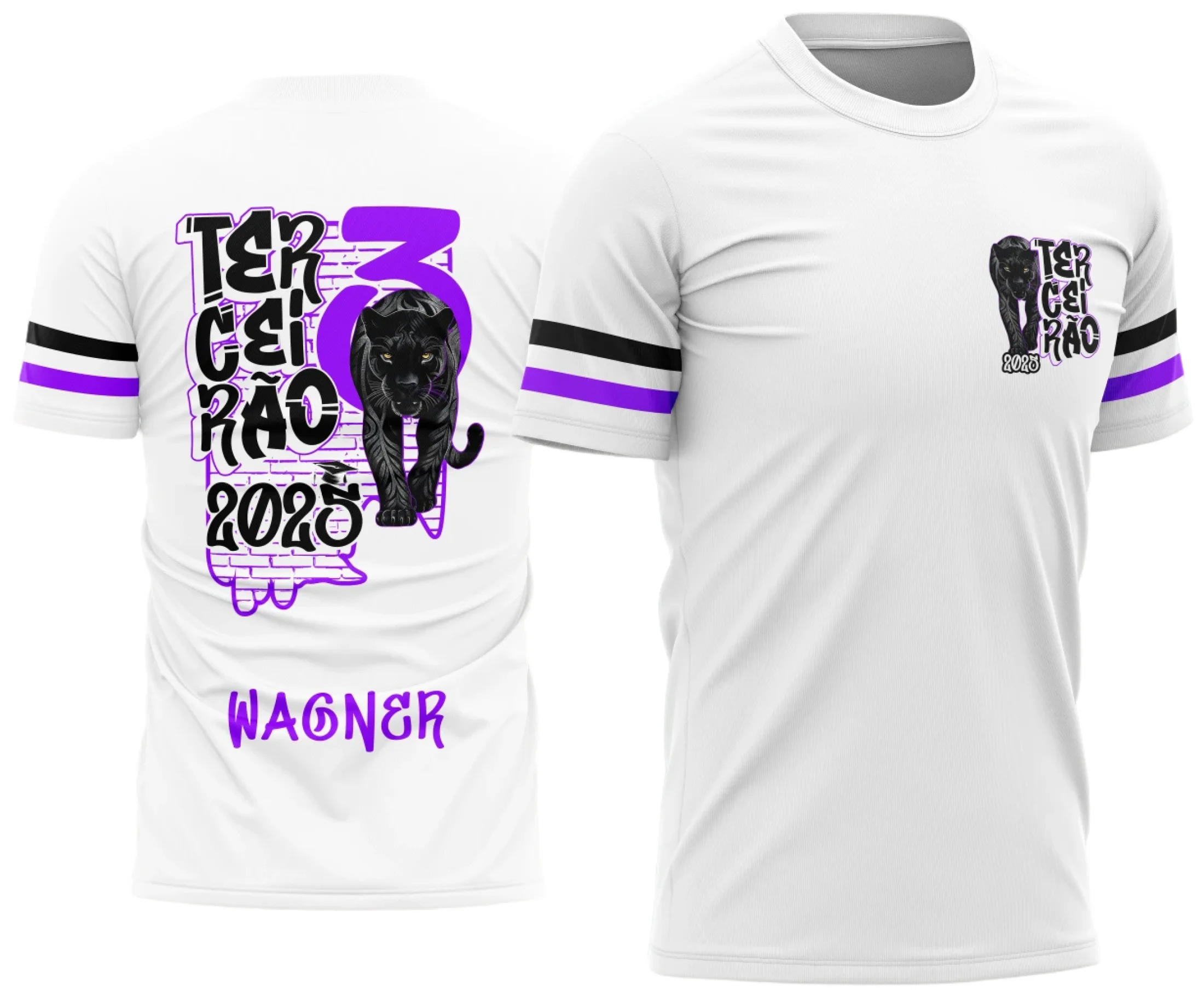 Camiseta unissex preta com logo no peito e estampa grande nas costas mostrando a Pantera Negra em destaque para turma de terceirão.