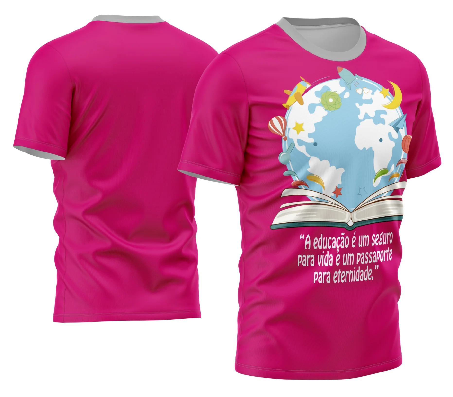 Camiseta unissex branca com logo no peito e estampa grande nas costas personalizada para professores, destacando o orgulho e dedicação na profissão com design único e moderno.