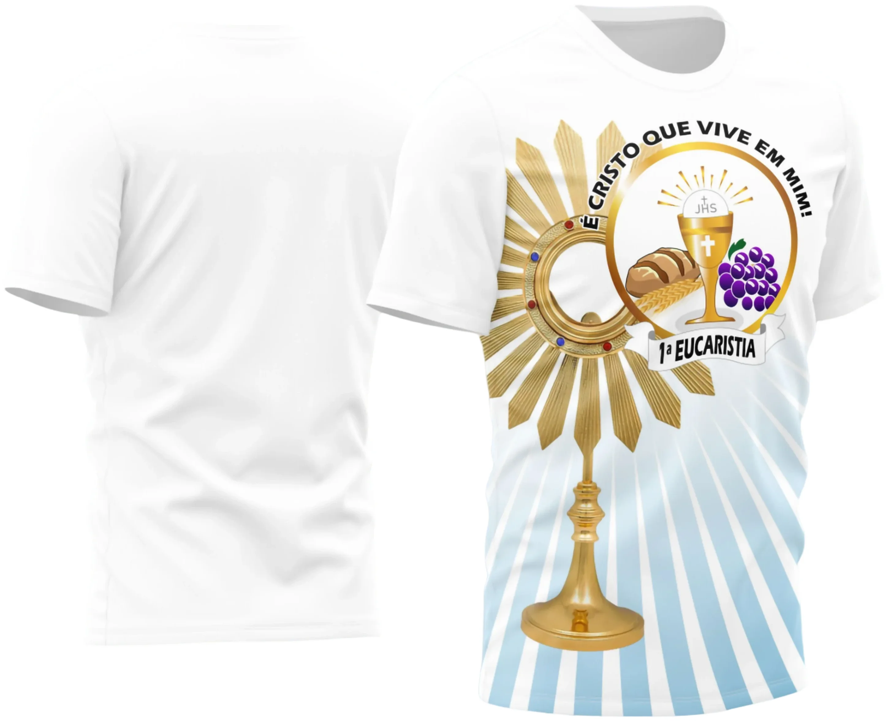 Camisa branca com logo no peito e estampa grande nas costas, destacando símbolos religiosos alusivos à Primeira Eucaristia, ideal para eventos e celebrações de fé.