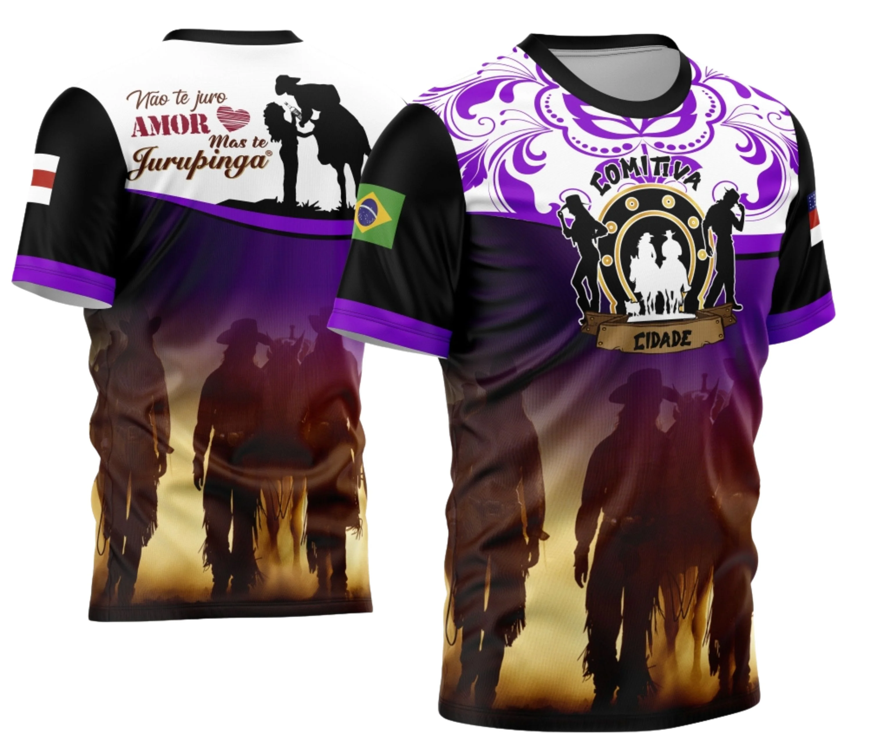 Camiseta unissex preta com logo no peito e estampa grande nas costas, tema cavalgada 2024, modelo 01, perfeita para eventos e festas rurais.