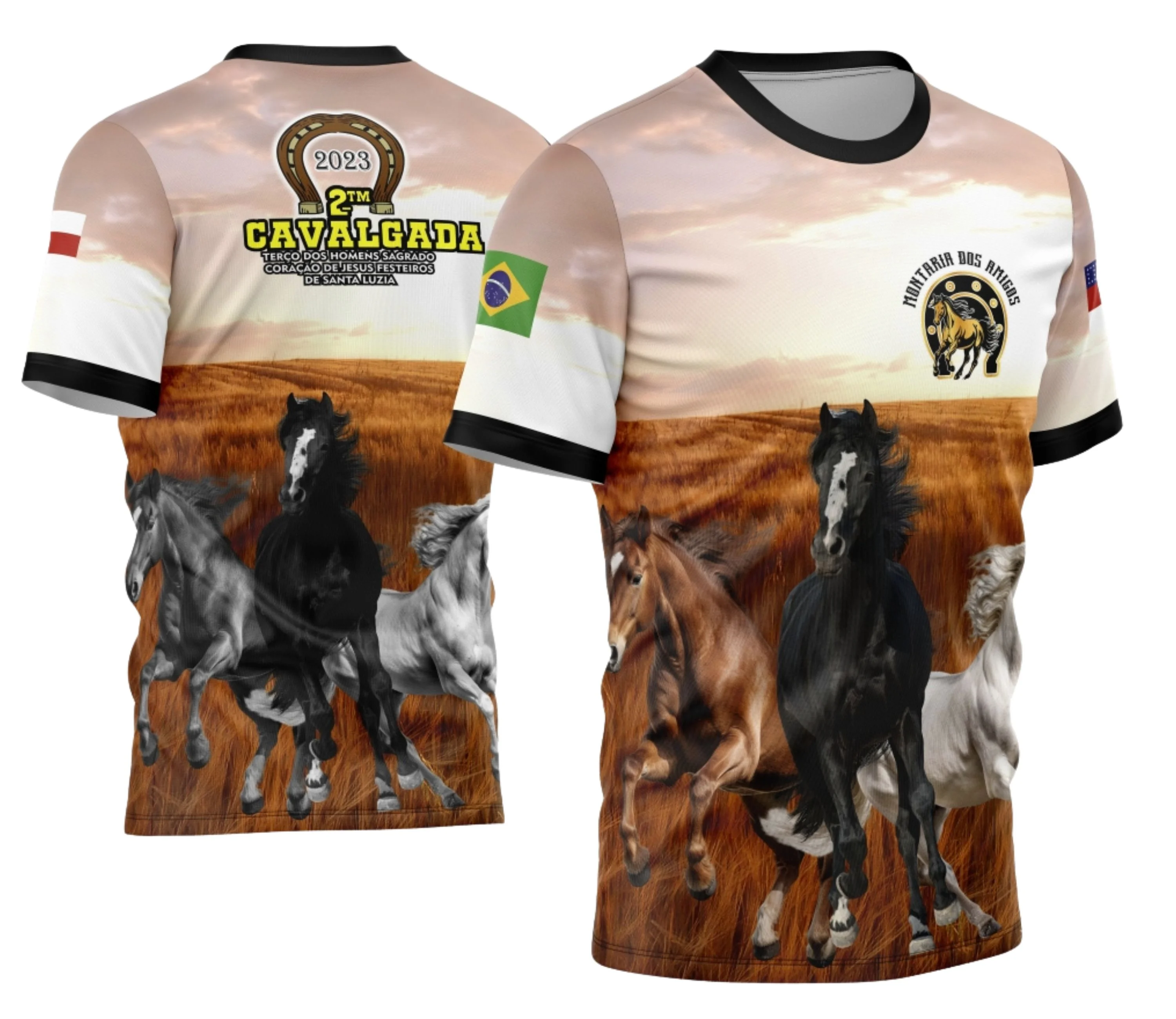 Camiseta unissex preta com logo no peito e estampa grande nas costas, temática Cavalgada 2024, modelo 04, perfeita para eventos ao ar livre e festas do interior.