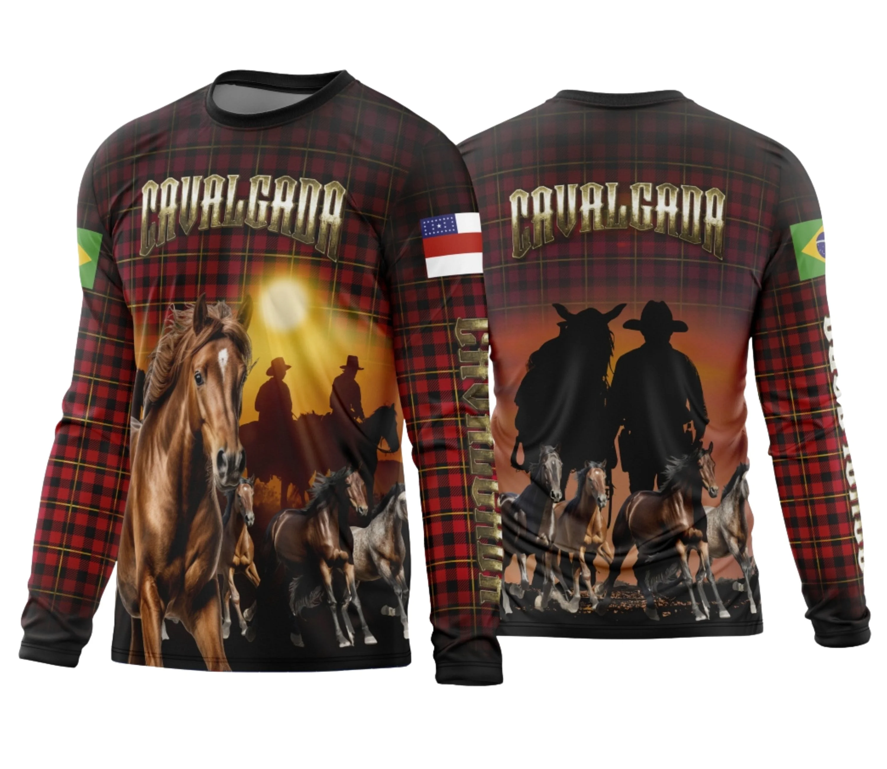 Camiseta unissex preta com logo no peito e estampa grande nas costas com tema Template Camisa Cavalgada 2024 Modelo 06, ideal para eventos de rodeio e cavalgada.