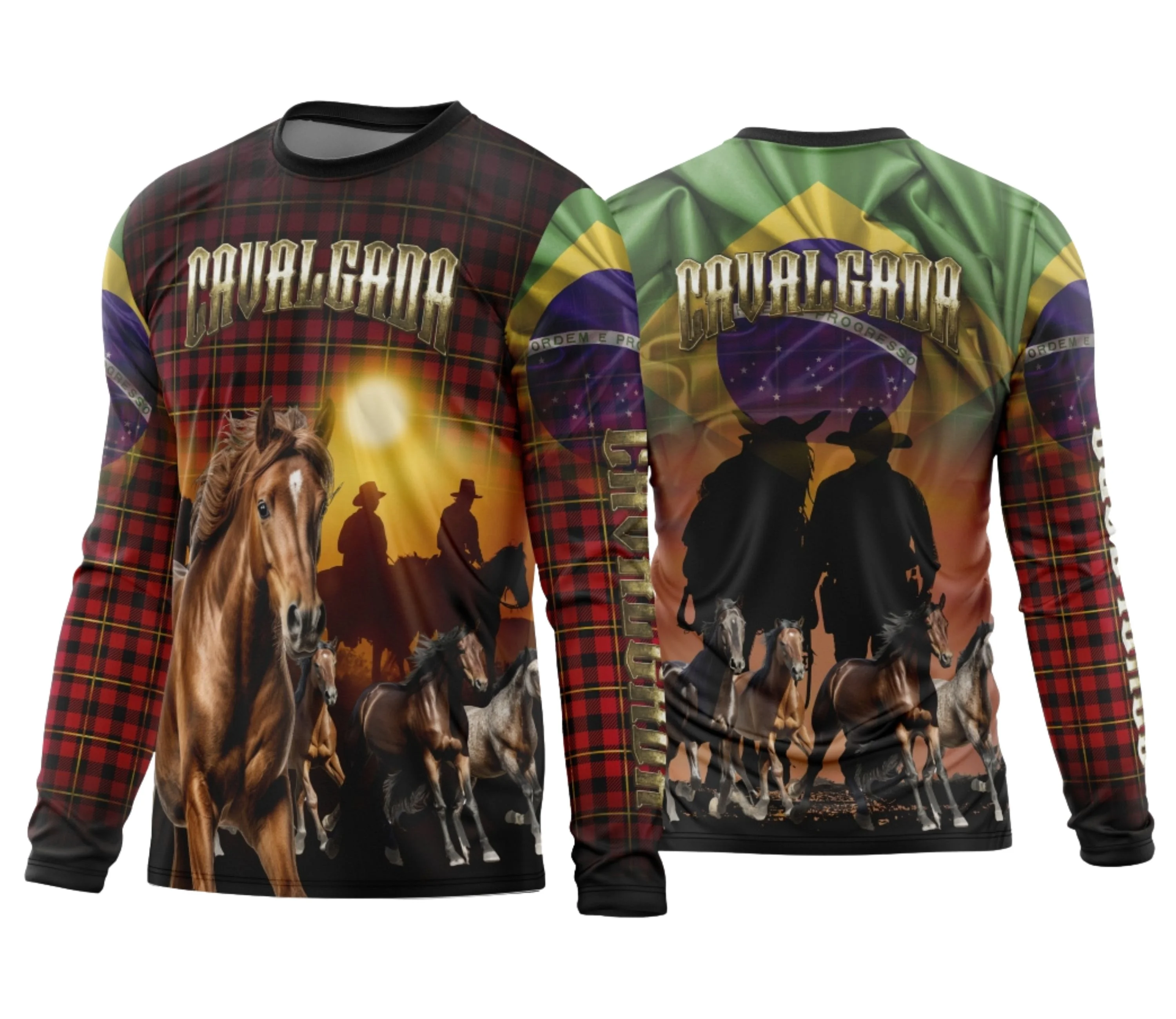 Camiseta unissex preta com logo no peito e estampa grande nas costas com tema Cavalgada 2024, modelo 07 vibrante e detalhado, perfeita para eventos ao ar livre e passeios.