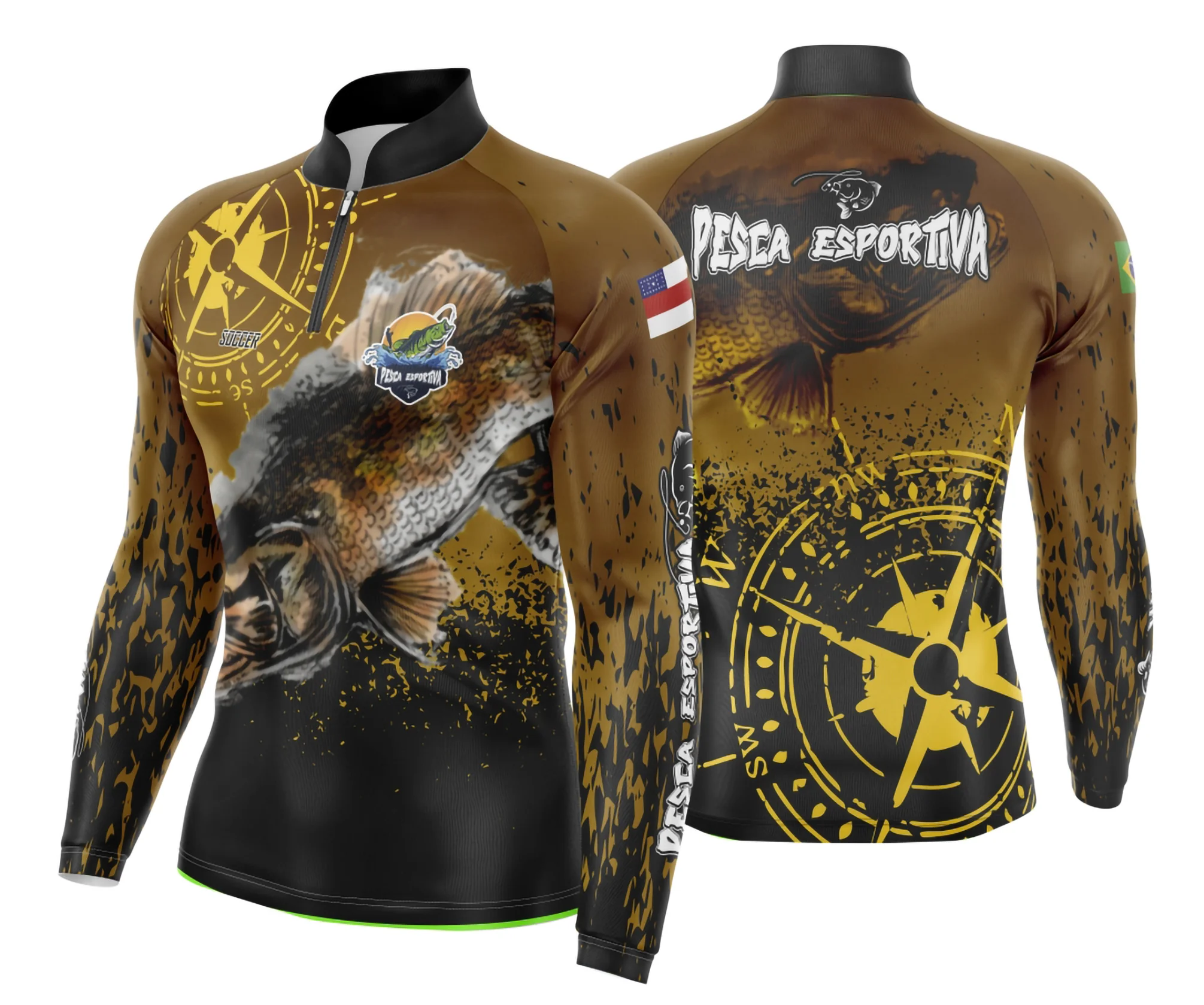 Camiseta unissex preta com logo no peito e estampa grande nas costas, tema pesca esportiva, ideal para quem curte aventura e contato com a natureza.