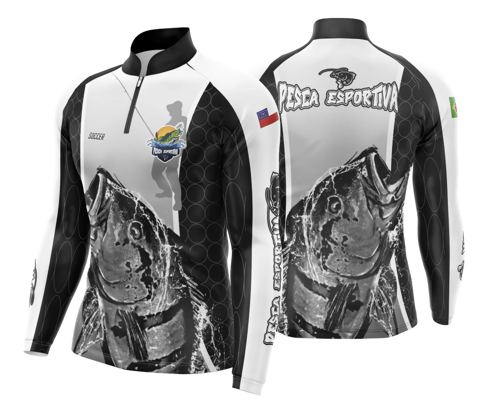 Camiseta unissex preta com logo no peito e estampa grande nas costas, tema pesca esportiva, ideal para amantes do esporte e estilo casual.