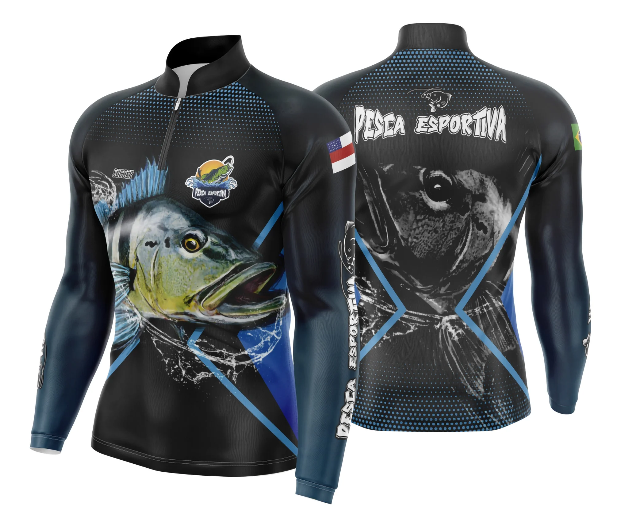 Camiseta unissex preta com logo no peito e estampa grande nas costas mostrando pesca esportiva com design moderno e vibrante, perfeita para amantes do esporte.