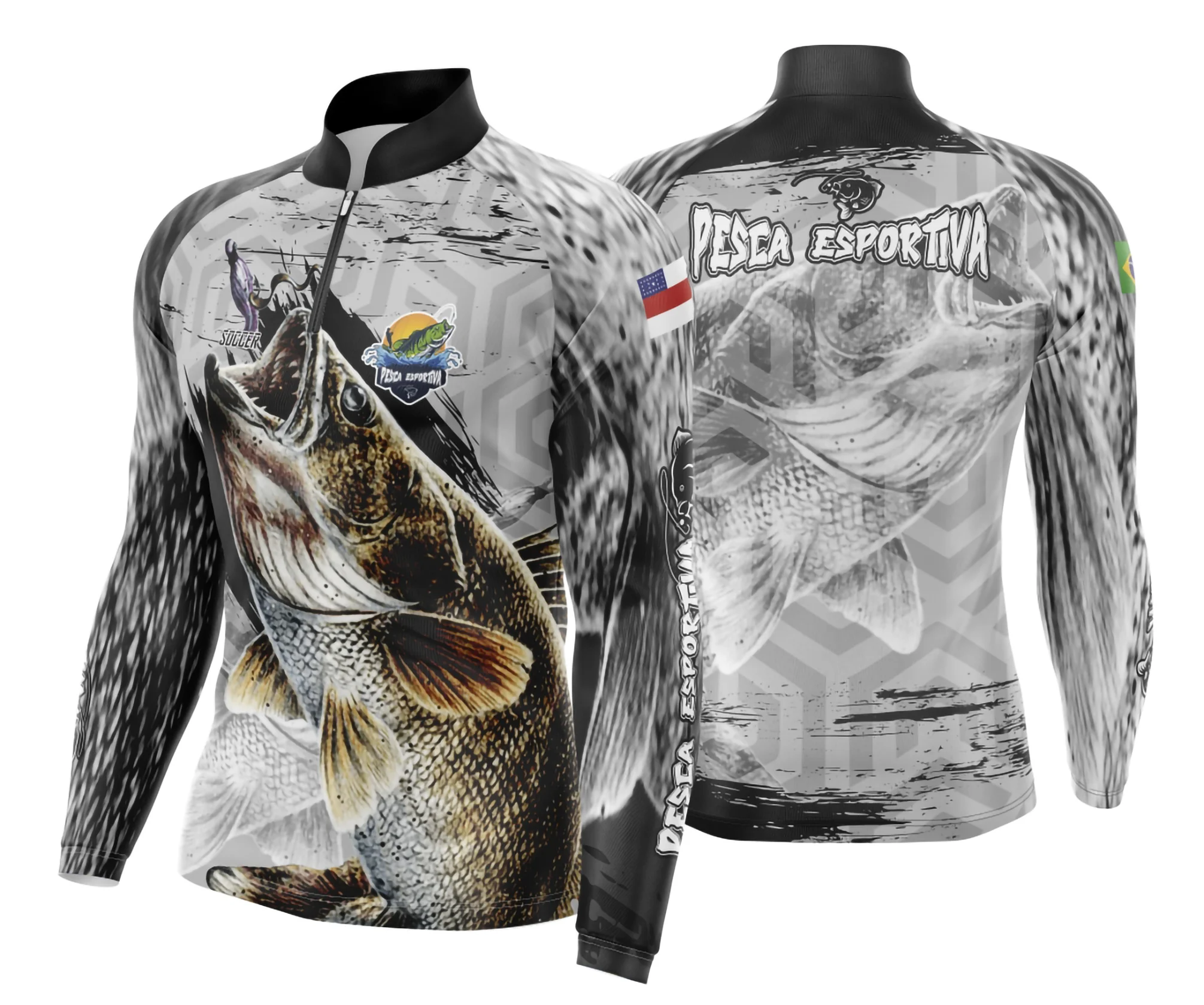 Camiseta preta unissex com logo no peito e estampa grande nas costas inspiradas em pesca esportiva, destacando estilo e aventura para amantes do esporte.