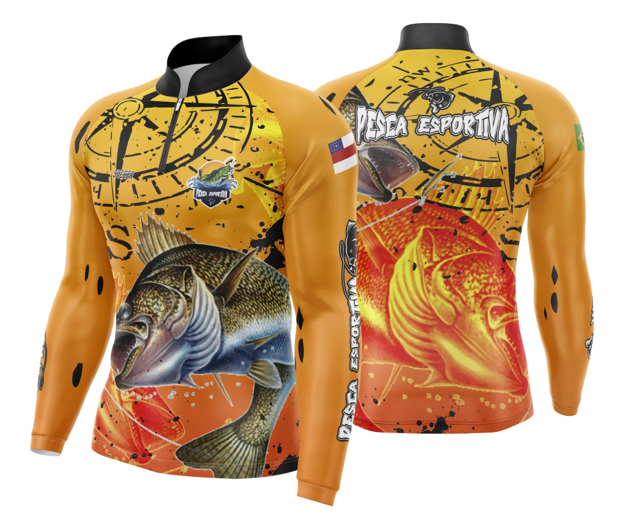 Camiseta unissex preta com logo no peito e estampa grande nas costas, tema pesca esportiva, ideal para amantes da pesca e estilo casual.