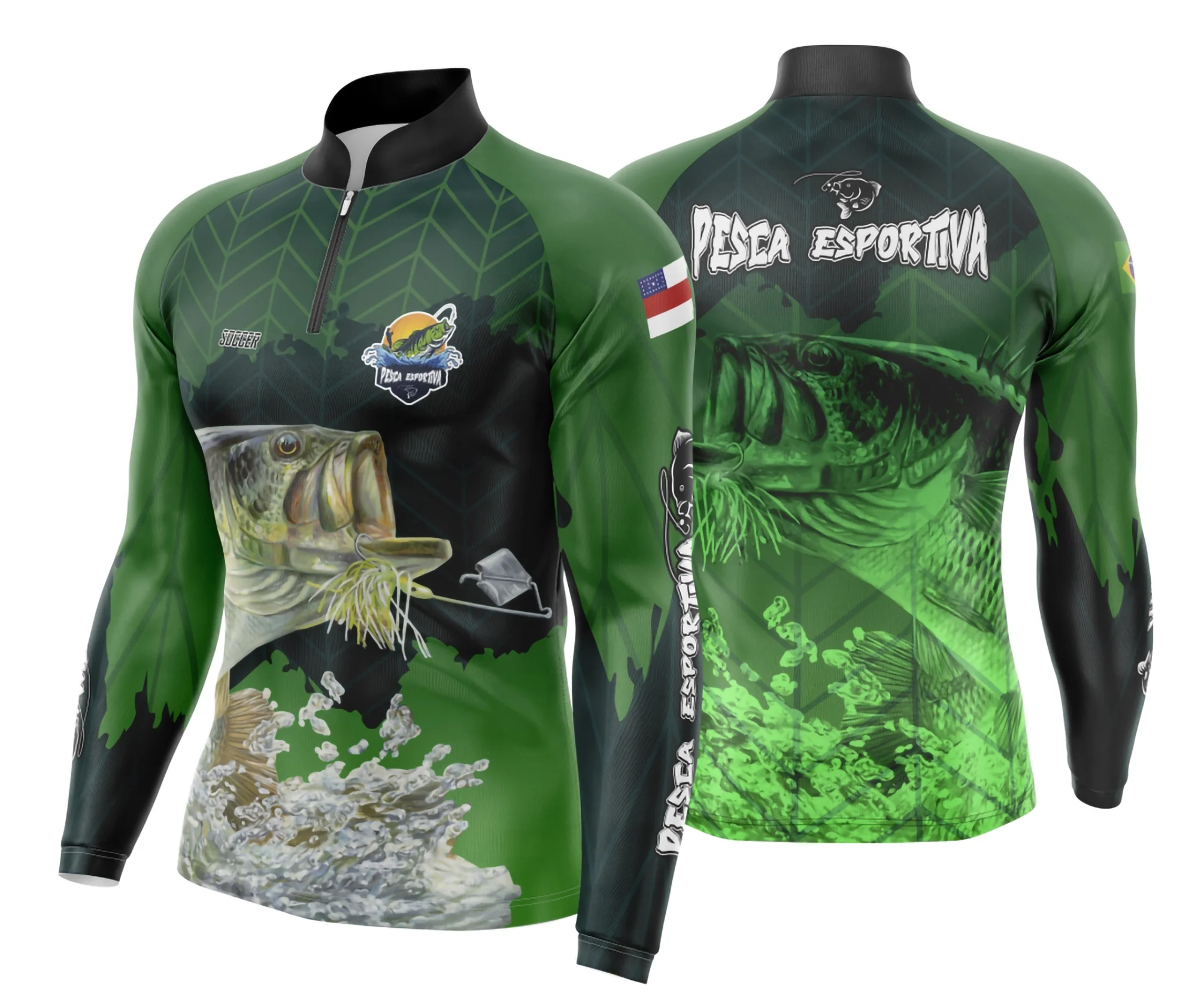 Camiseta unissex preta com logo no peito e estampa grande nas costas destacando pesca esportiva, ideal para quem ama o esporte e pesca com estilo moderno.