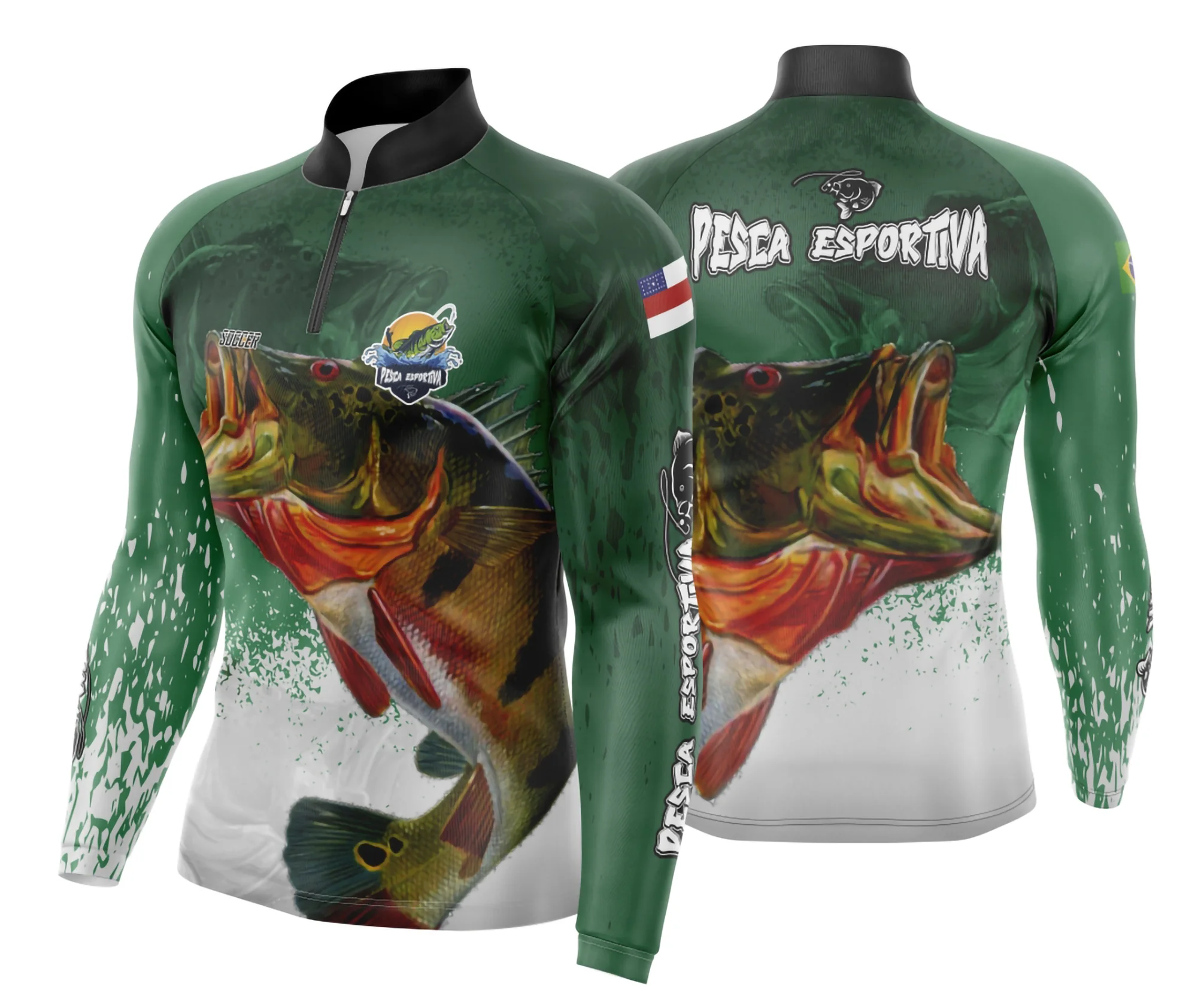 Camiseta unissex preta com logo no peito e estampa grande nas costas de pesca esportiva com design moderno e detalhes em azul e branco, perfeita para amantes da pesca.