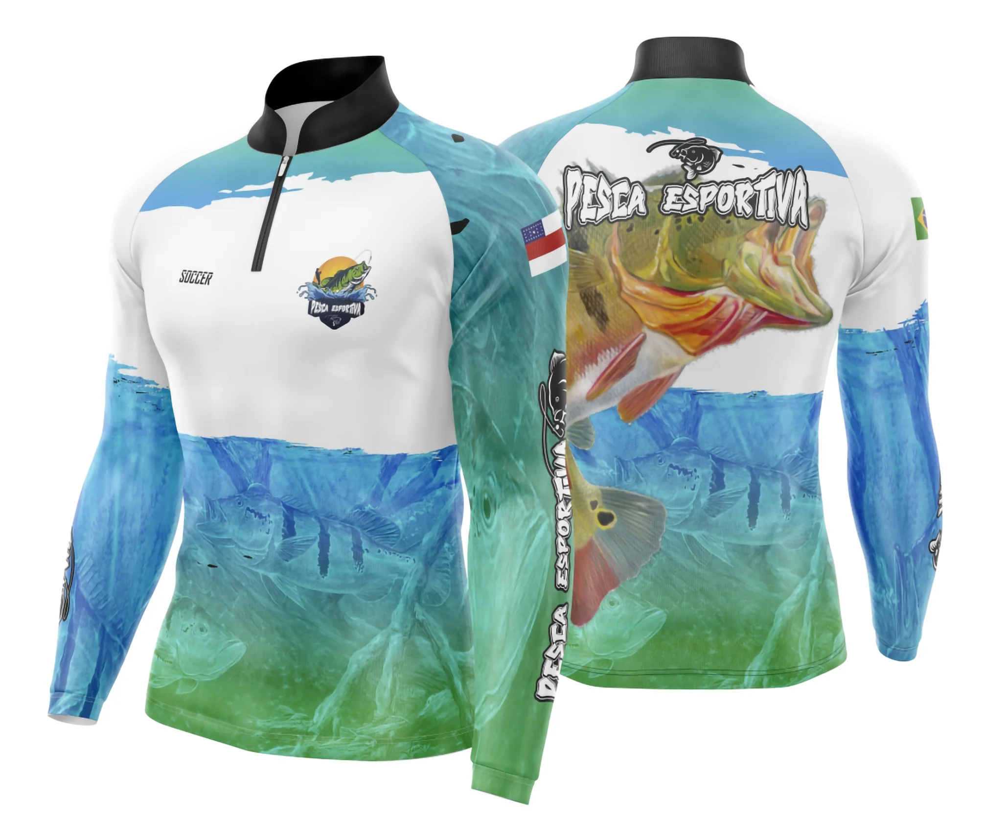Camiseta unissex preta com logo no peito e estampa grande nas costas inspirada em pesca esportiva, ideal para quem ama aventuras no mar e estilo contemporâneo.