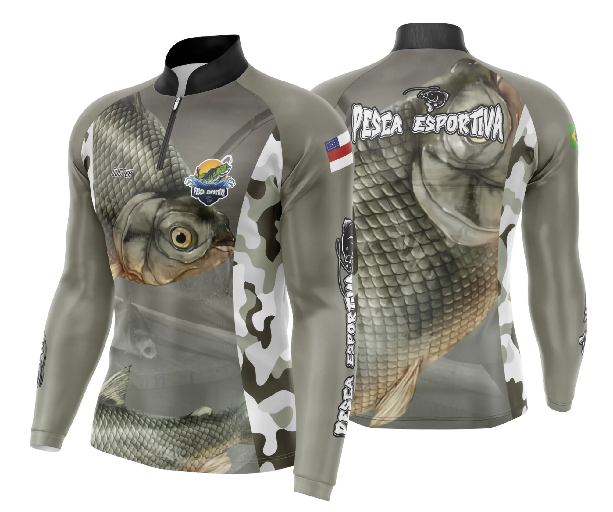 Camiseta unissex preta com logo no peito e estampa grande nas costas com tema de pesca esportiva, ideal para amantes do esporte, estilo casual e confortável para qualquer ocasião.