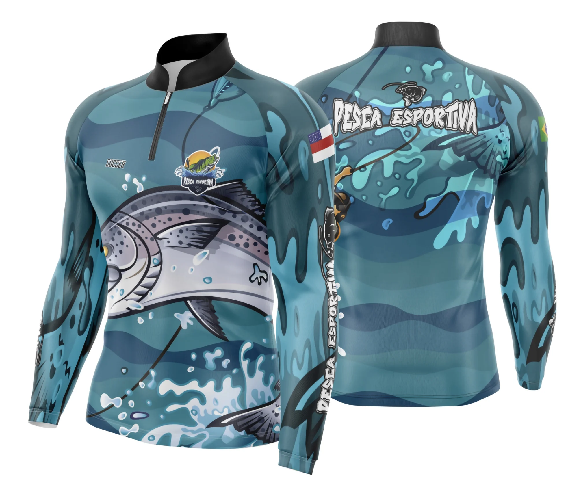 Camiseta unissex preta com logo no peito e estampa grande nas costas mostrando pesca esportiva, perfeita para quem ama essa aventura.